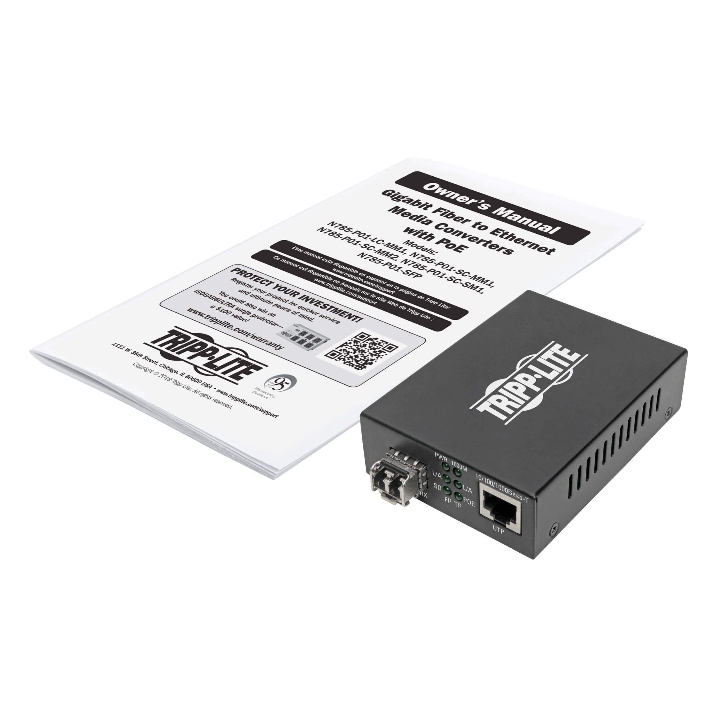 Tripp Lite Multimode Fiber to Ethernet Converter - Gigabit POE+ Media Converter with LC Connector (850nm, 550m Range) - Ideal for Office Networks, Data Centers & Industrial Applications (Model N785-P01-LC-MM1)