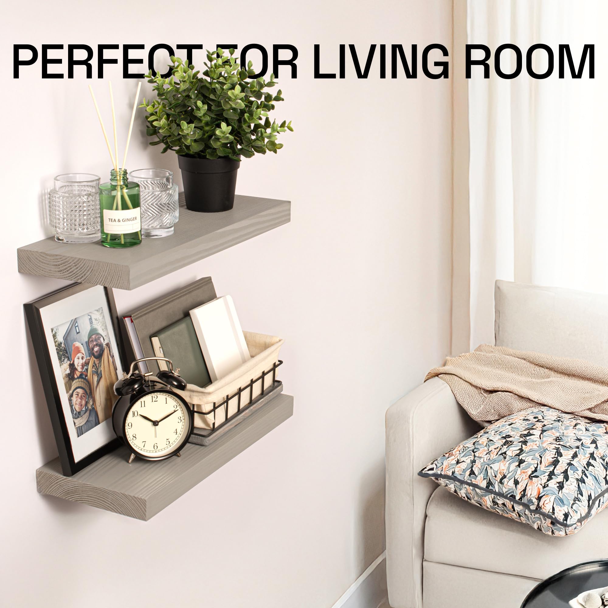 BAOBAB WORKSHOP Set of 2 Floating Wood Shelves - 16 Inch Rustic Wall Shelves for Living Room, Bedroom, Kitchen, Bathroom - Farmhouse Grey Wooden Shelves (16