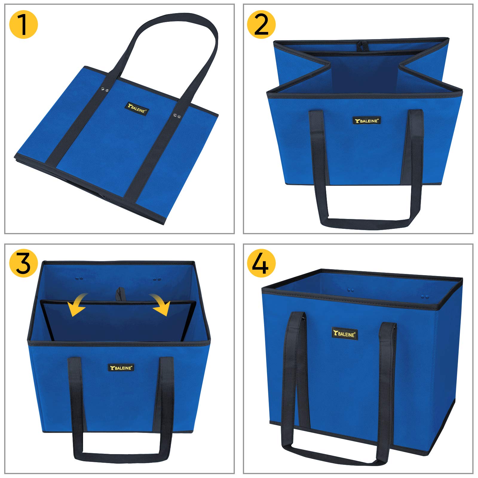 BALEINE 3-Pack Reusable Grocery Bags - Foldable Shopping Tote with Reinforced Bottom & Sturdy Handles (Blue) - Eco-Friendly Grocery Haulers for Market, Beach & Travel