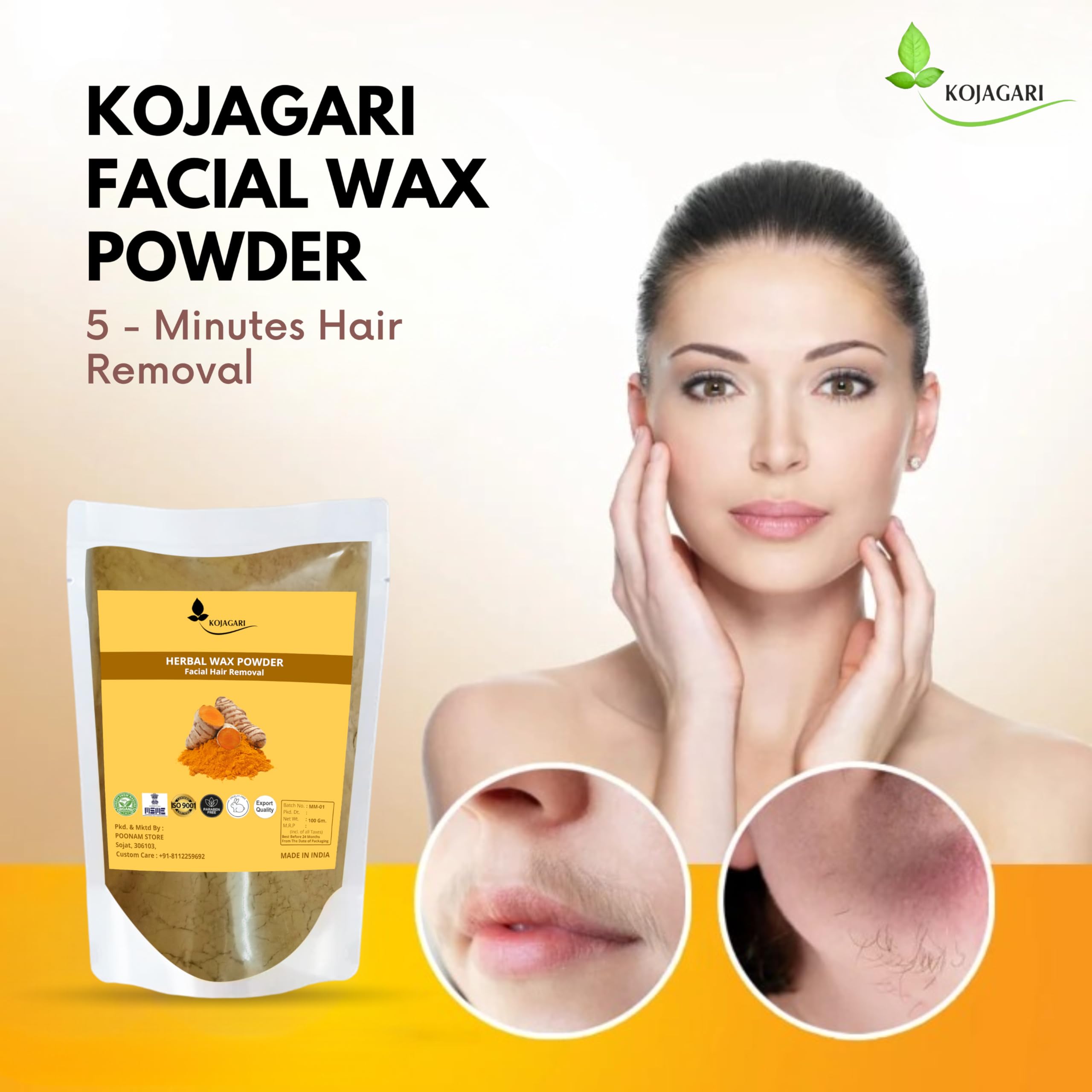 Kojagari Facial Wax Powder - Quick & Painless Hair Removal in 5 Minutes | Natural Herbal Formula for Upper Lips, Face, Hands, Legs & Full Body | At-Home Spa & Salon Smooth Skin Solution