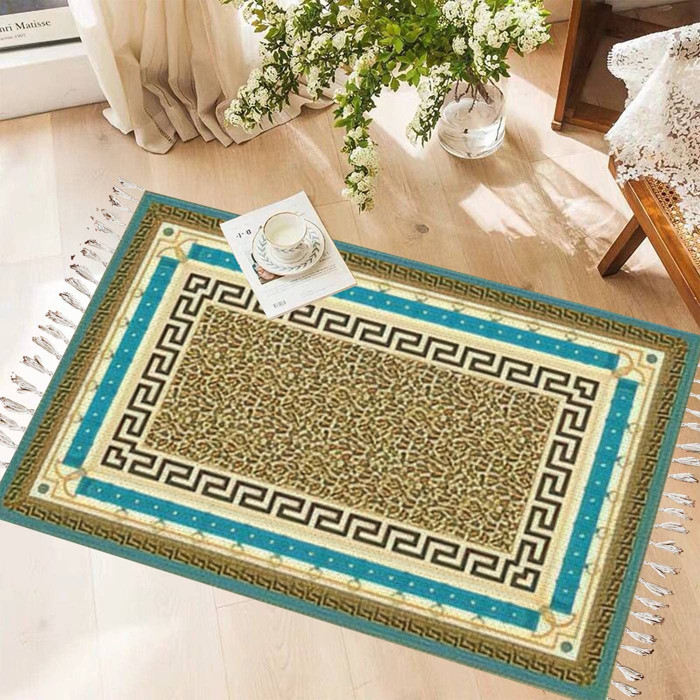 Boho Chic Leopard Print Shag Rug with Greek Meander Borders & Fringe Tassels - Soft Area Carpet for Nursery, Playroom, Living Room & Bedroom Decor | Perfect for Kids Rooms, Girls & Boys Bedrooms, Cozy Home Accent