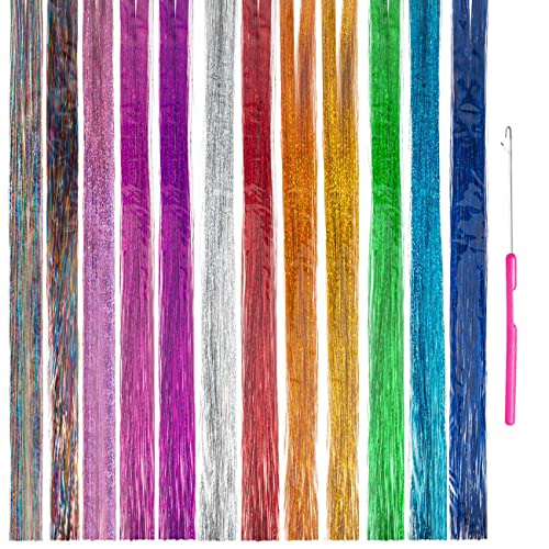 12 Colors 3000 Strands Hair Tinsel Kit with Tool - Shiny Fairy Hair Extensions for Parties, Festivals & Cosplay (45