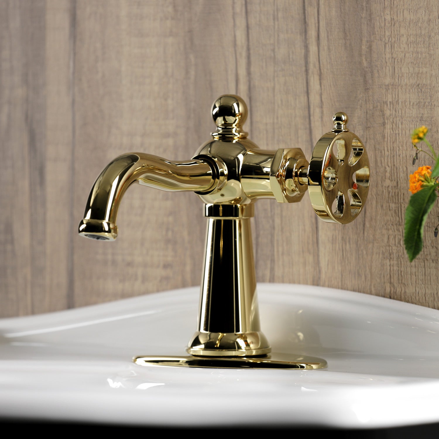 Belknap KSD3542RX Single Handle 1 Hole Bathroom Sink Faucet with Deck Plate & Push Pop-Up Drain - Polished Brass Finish for Vanity, Powder Room & Guest Bath Installation