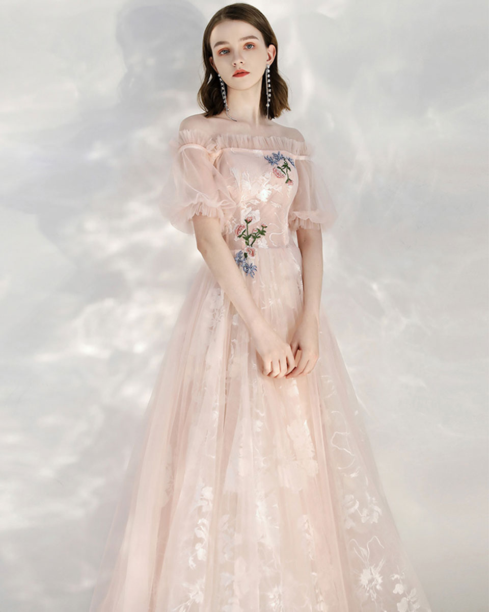Elegant Pink Tulle Lace Off-Shoulder Long Prom Dress for Women - Romantic Evening Gown for Formal Events, Homecoming, Wedding Guest & Special Occasions