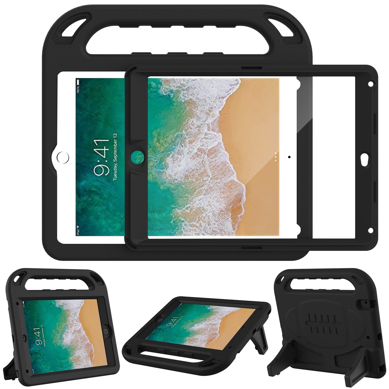 LTROP Shockproof Kids iPad Case for iPad 6th/5th Generation & iPad Air 2 (9.7 Inch 2018/2017) - Built-in Screen Protector, Handle Stand, Durable Protective Cover - Perfect for Home, School & Travel Use (Black)