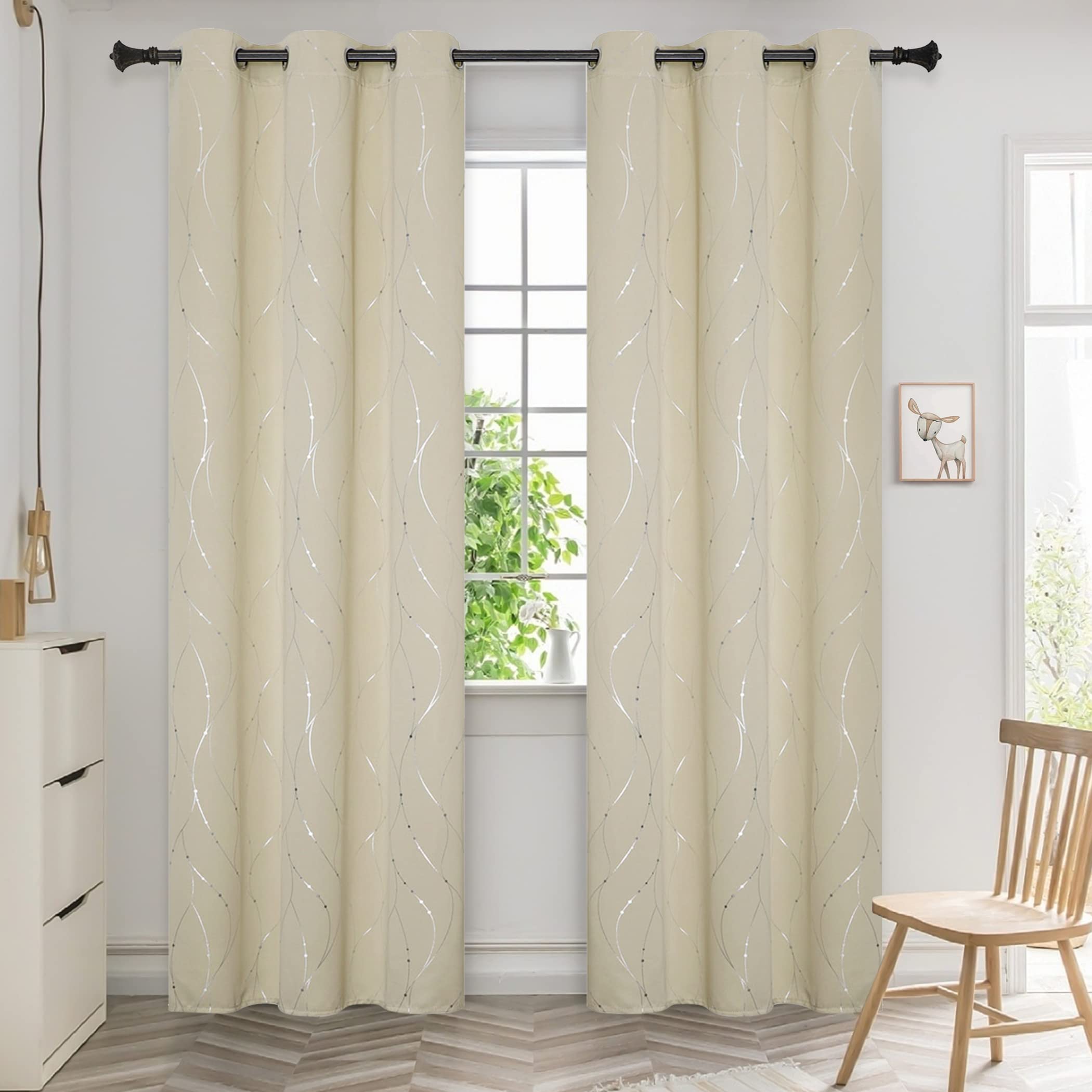 BUHUA Beige Blackout Curtains 84 Inch Length - Thermal Insulated Drapes with Silver Foil Print for Bedroom, 38 x 84 Inches, Set of 2 Panels - Perfect for Light Blocking, Privacy & Energy Efficiency in Living Room or Nursery