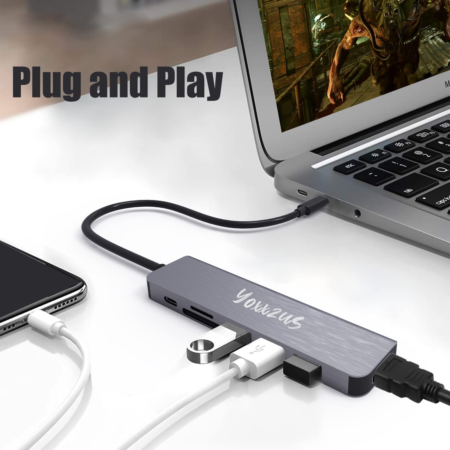 USB-C Hub Multiport Adapter 6-in-1 with 4K HDMI, USB 3.0, SD/TF Card Reader - Compatible with Nintendo Switch/OLED, MacBook, iPad Pro & Laptops - Perfect for Work, Gaming & Travel