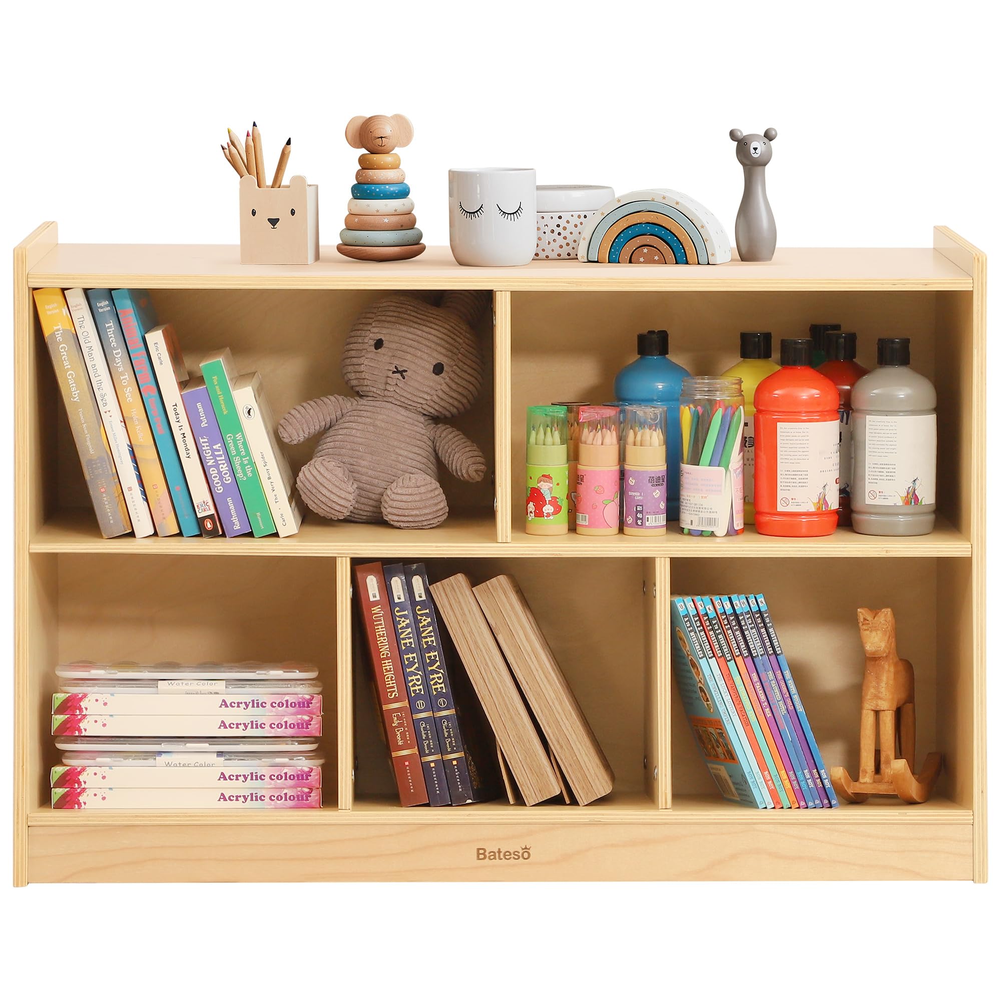 Montessori Wooden Toy Storage Organizer - 2-Shelf Kids Bookshelf with 5 Sections, Natural Wood Bookcase & Toy Shelf for Classroom, Nursery, Playroom & Kids Bedroom - Perfect for Organizing Books, Toys & Learning Materials