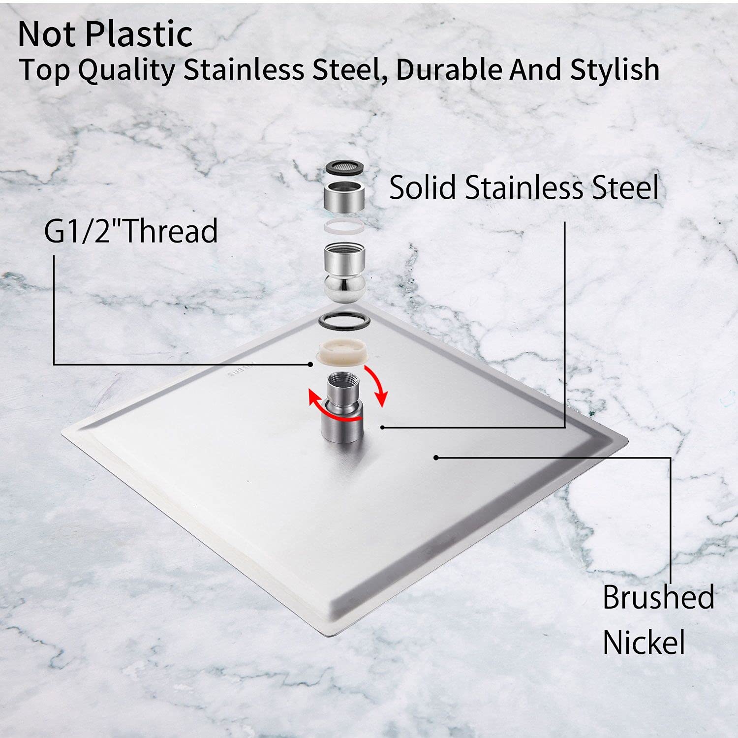 GGStudy 12 Inch High Pressure Square Shower Head - Large Stainless Steel Rainfall Showerhead with Ultra Thin Design - 1/2