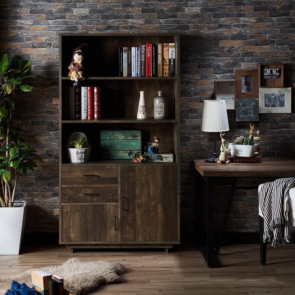 Furniture of America Jart Country Oak 5-Tier Multi-Storage Bookshelf - Rustic Oak Wood Bookcase for Living Room, Bedroom & Office Organization