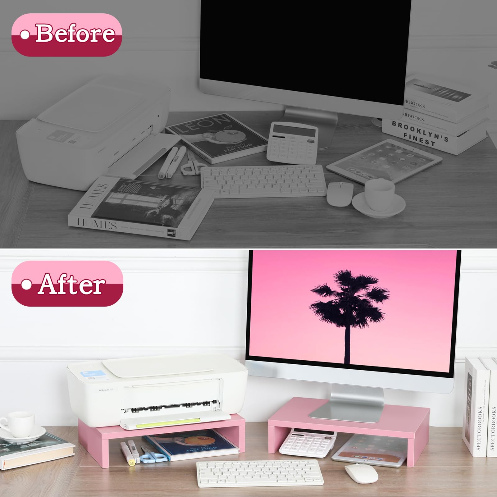 TEAMIX 2 Pack Pink Wooden Monitor Stand Riser - Adjustable Dual Tier Laptop & Computer Desk Organizer for Home Office Setup, Gaming Station & Workspace Ergonomics