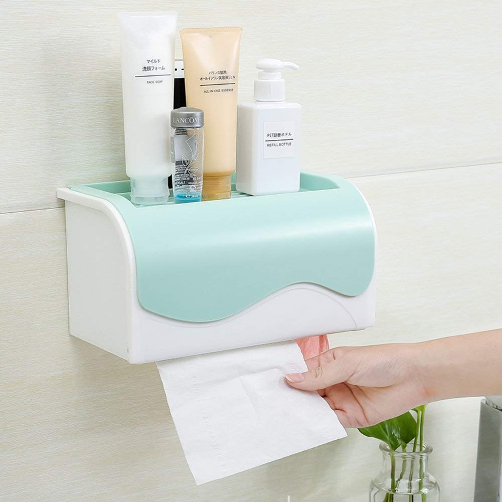 Wall-Mounted Self-Adhesive Toilet Paper Holder - ABS Bathroom Storage Box with Paper Towel Rack, Green (Perfect for Home, Office & RV Use)