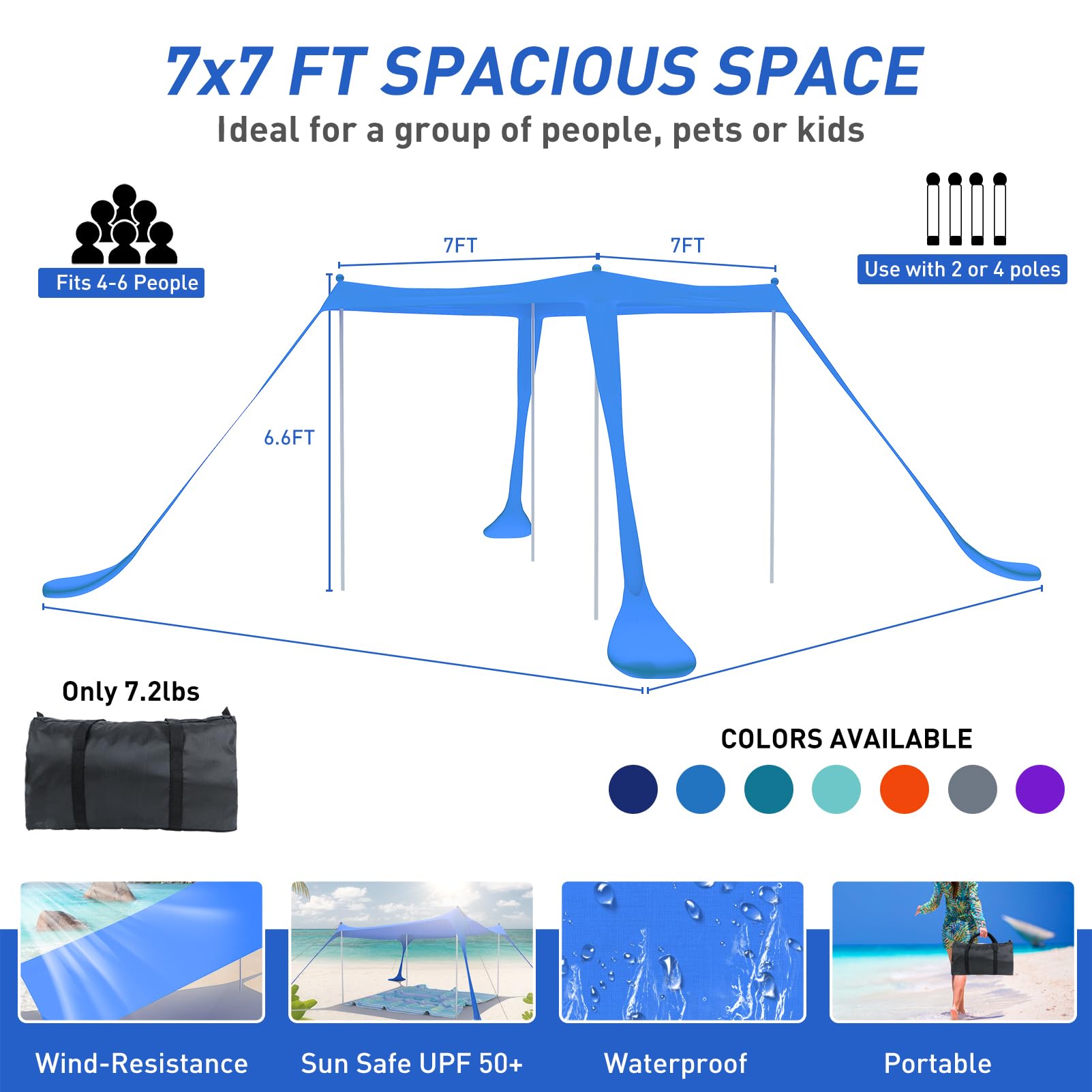 UPF50+ Beach Tent Pop Up Sun Shelter with 4 Stability Poles - Portable Outdoor Canopy for Camping, Picnics & Beach Days (Includes Carry Bag, Ground Pegs, Sand Shovel & Windproof Ropes) - Royal Blue 7×7FT - Perfect for Family Outings, Backyard Relaxation & Summer Adventures