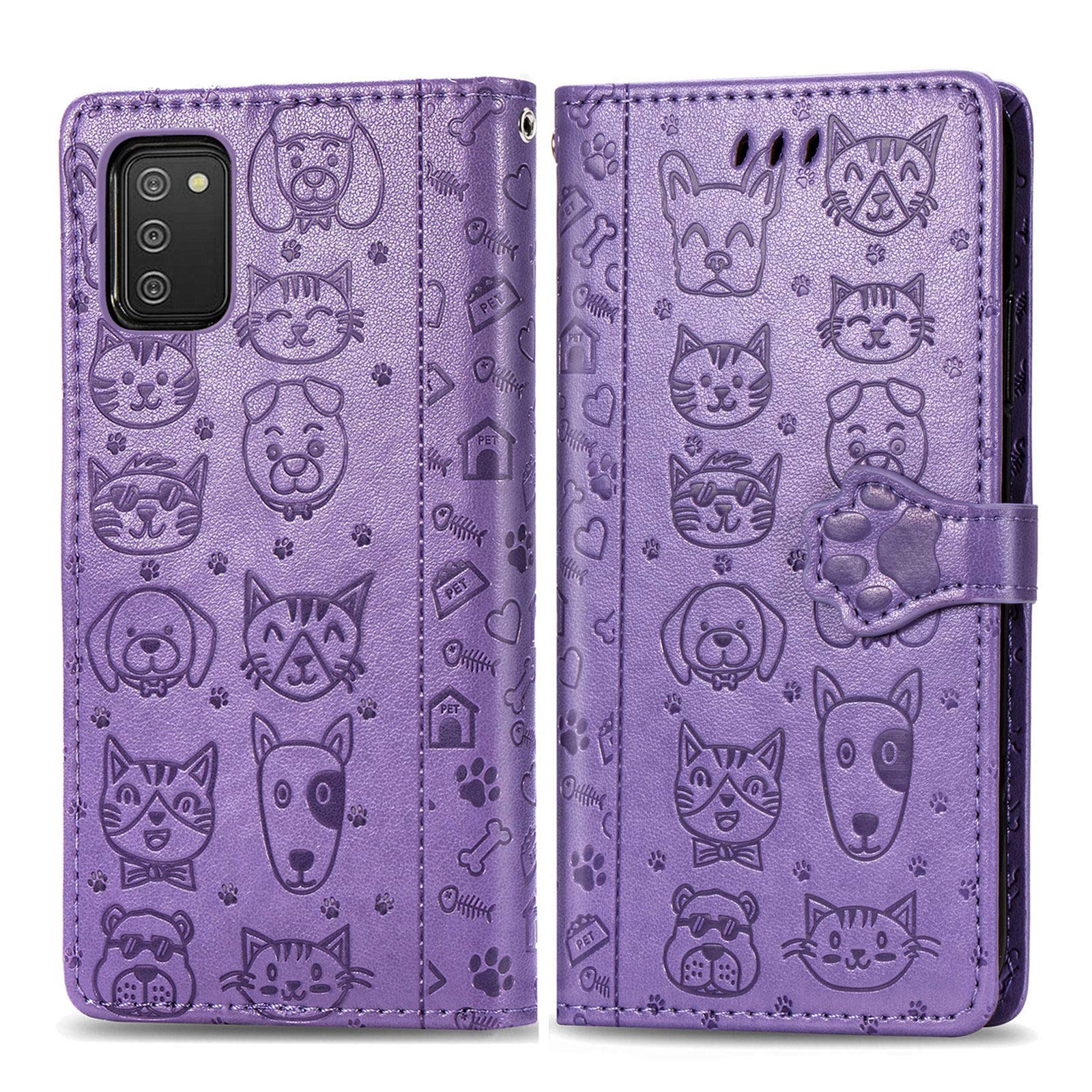 Cute Cat & Dog Cartoon PU Leather Wallet Case for Samsung Galaxy A03S - Flip Phone Cover with Card Holder (MG Purple) | Perfect for Daily Use, Travel & Hands-Free Convenience