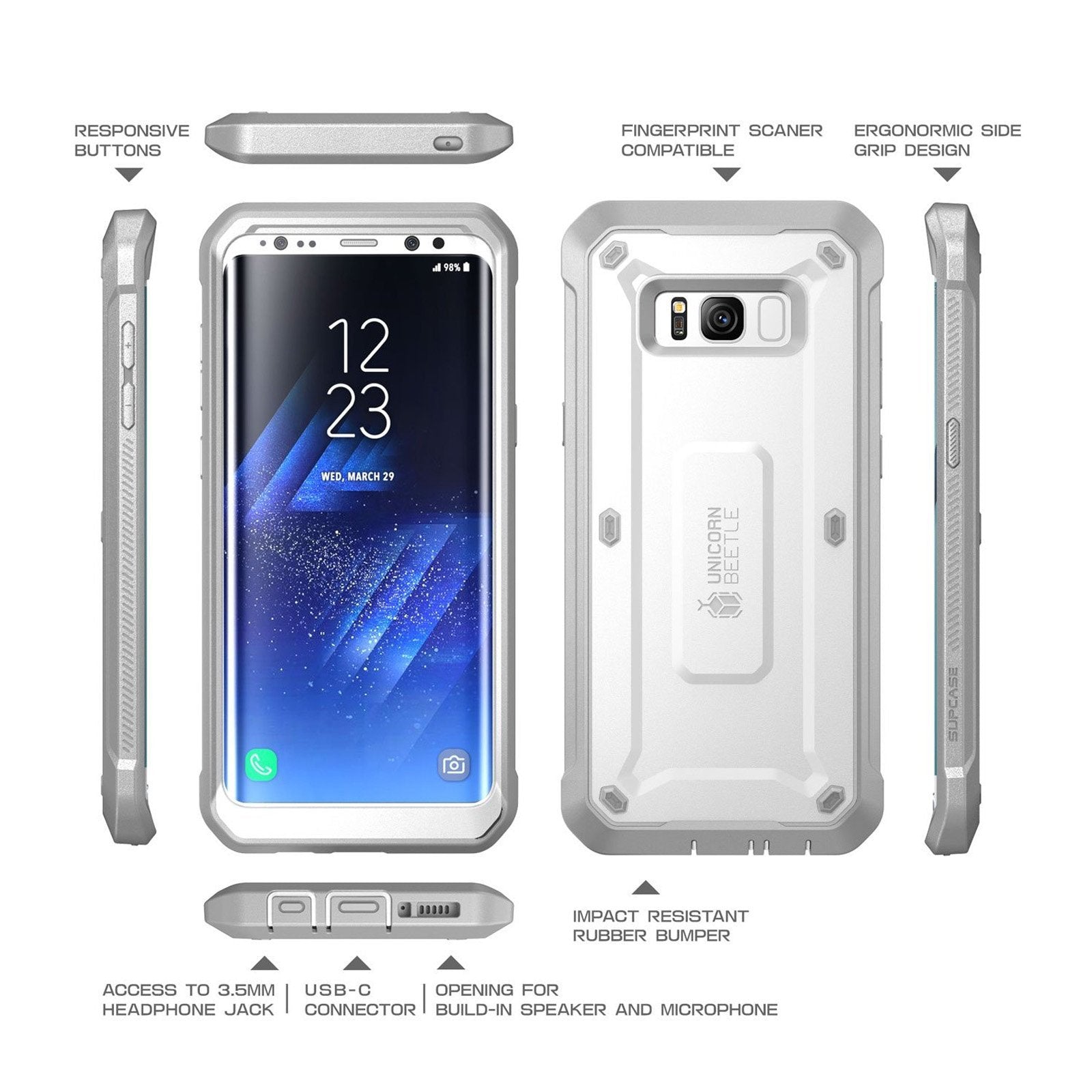 Samsung Galaxy S8 Plus Unicorn Beetle Pro Full Body Protective Case with Built-in Screen Protector & Holster - Shockproof, Heavy Duty Cover for Outdoor Use - White (Open Box) - Perfect for Hiking, Construction & Extreme Sports