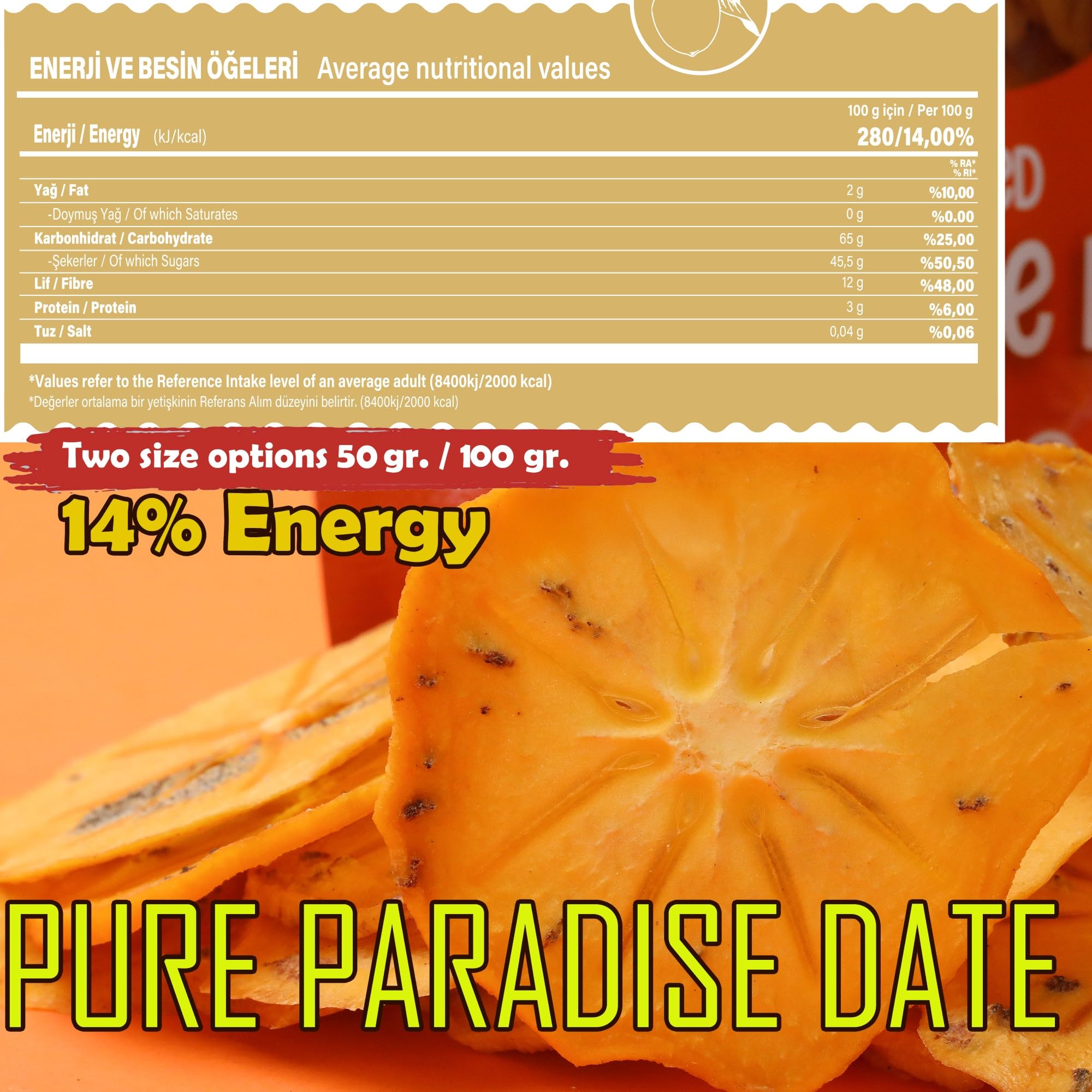 Organic Dried Persimmons 3.52 Oz - No Sugar Added, Gluten Free, Dehydrated Turkish Trabzon Persimmon Snacks - Chewy Dried Fruit for Healthy Snacking, Kids Lunch Box & On-the-Go Energy Boost - Perfect for Hiking, Office Snacks & Toddler Treats in Resealable Zip Bag