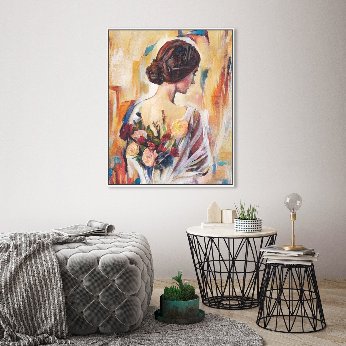 Modern White Framed Canvas Wall Art Print - Floral Back and Flowers Design for Women's Bedroom Decor | Perfect for Home, Living Room & Office Decoration