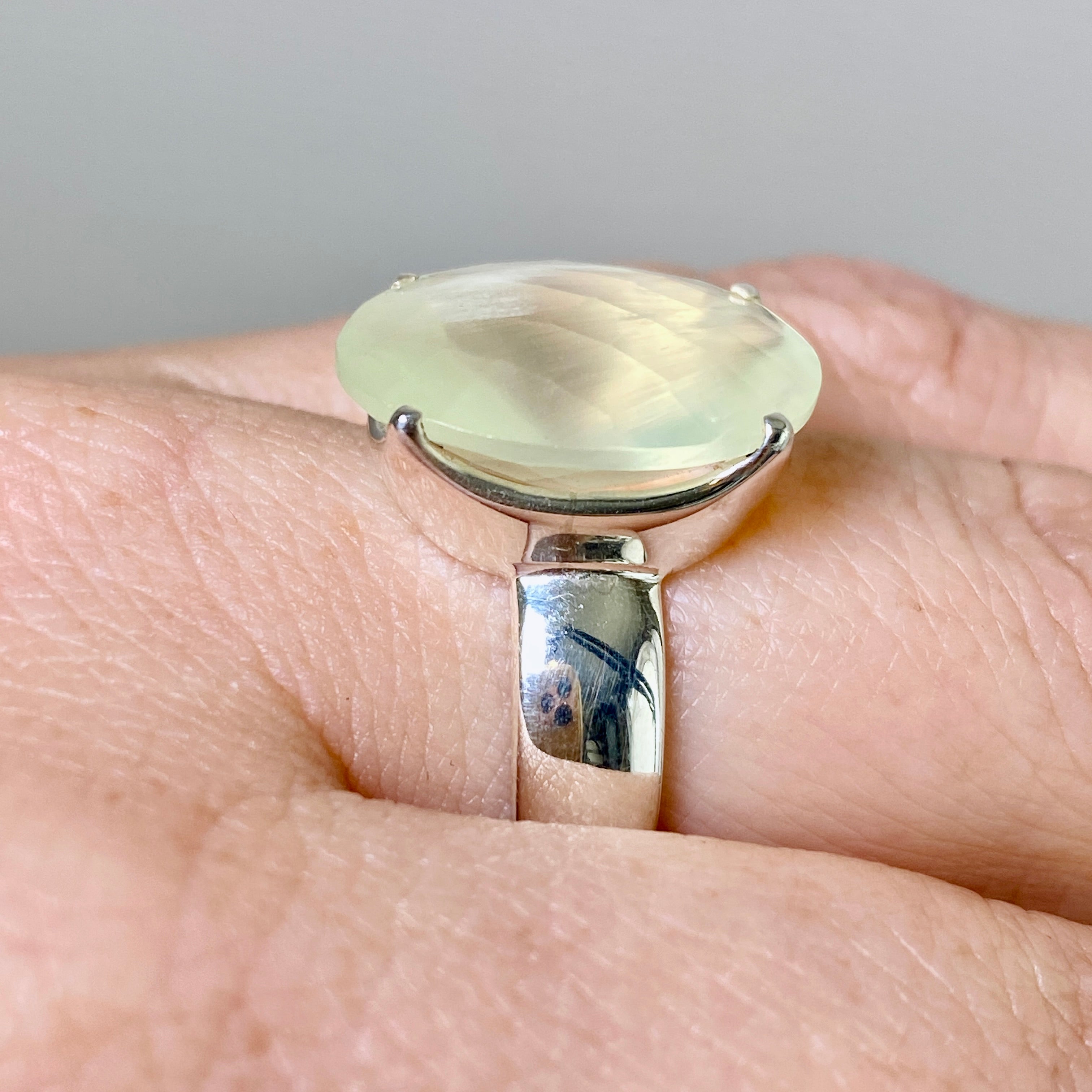 Prehnite Oval Checkerboard Faceted Ring Size 8 - Dainty Gemstone Jewelry for Women - Perfect for Everyday Wear, Gift Giving & Special Occasions