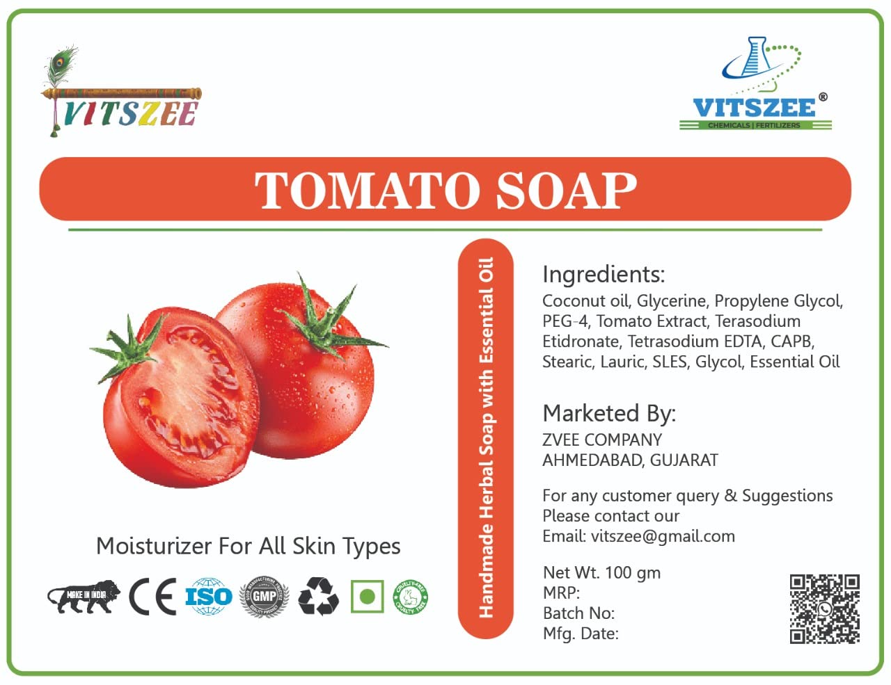 VITSZEE 100% Pure Handmade Herbal Tomato Glycerin Soap - Pack of 2 | Natural Skin Brightening, Whitening & Fairness Treatment for Fresher Glow | Perfect for Daily Face & Body Cleansing, Acne-Prone & Dull Skin Care