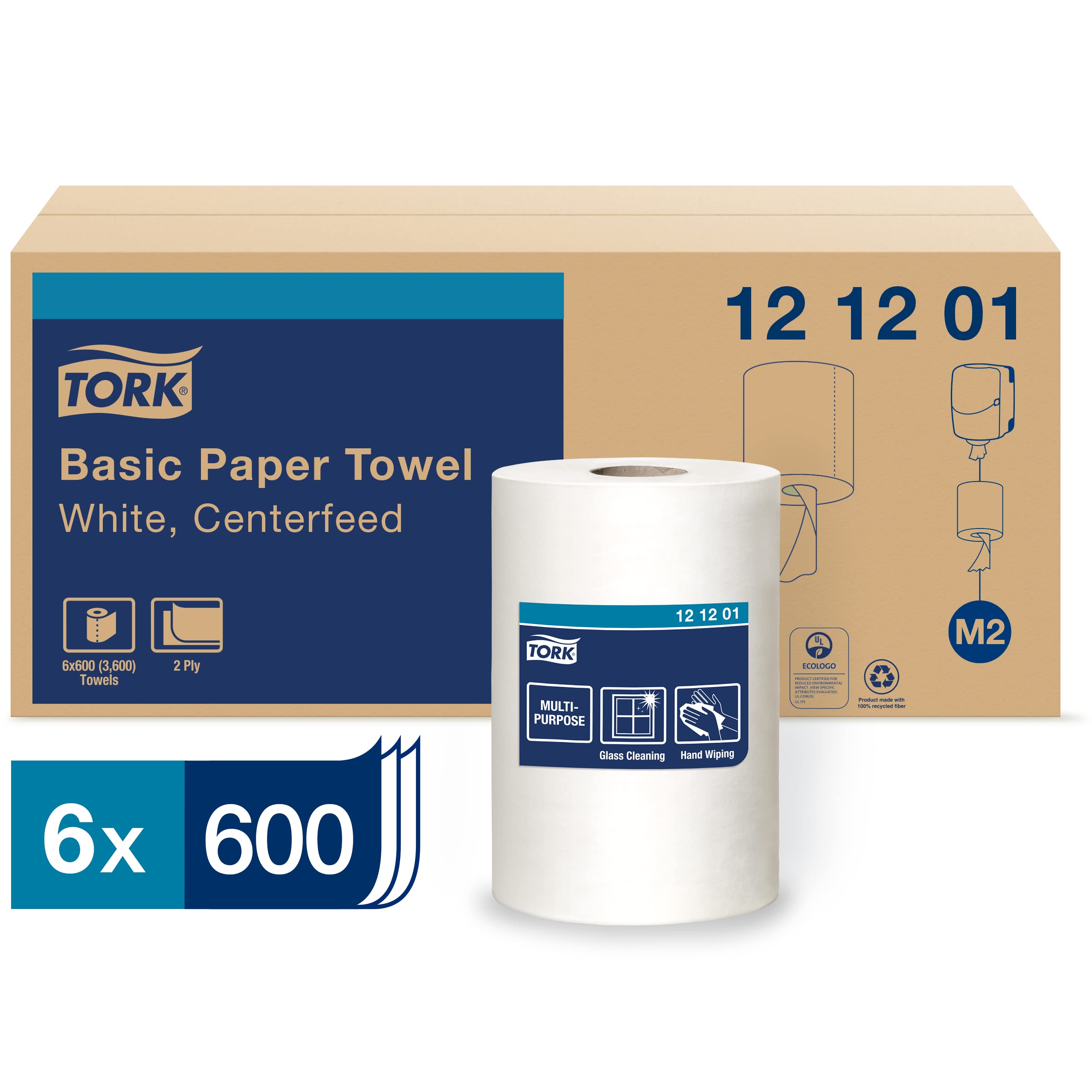 Tork Industrial Centrefeed Dispenser Black - M2 + Refill - White Centerfeed Paper Towels, 6 x 600 Sheets for Workshop, Garage & Commercial Use