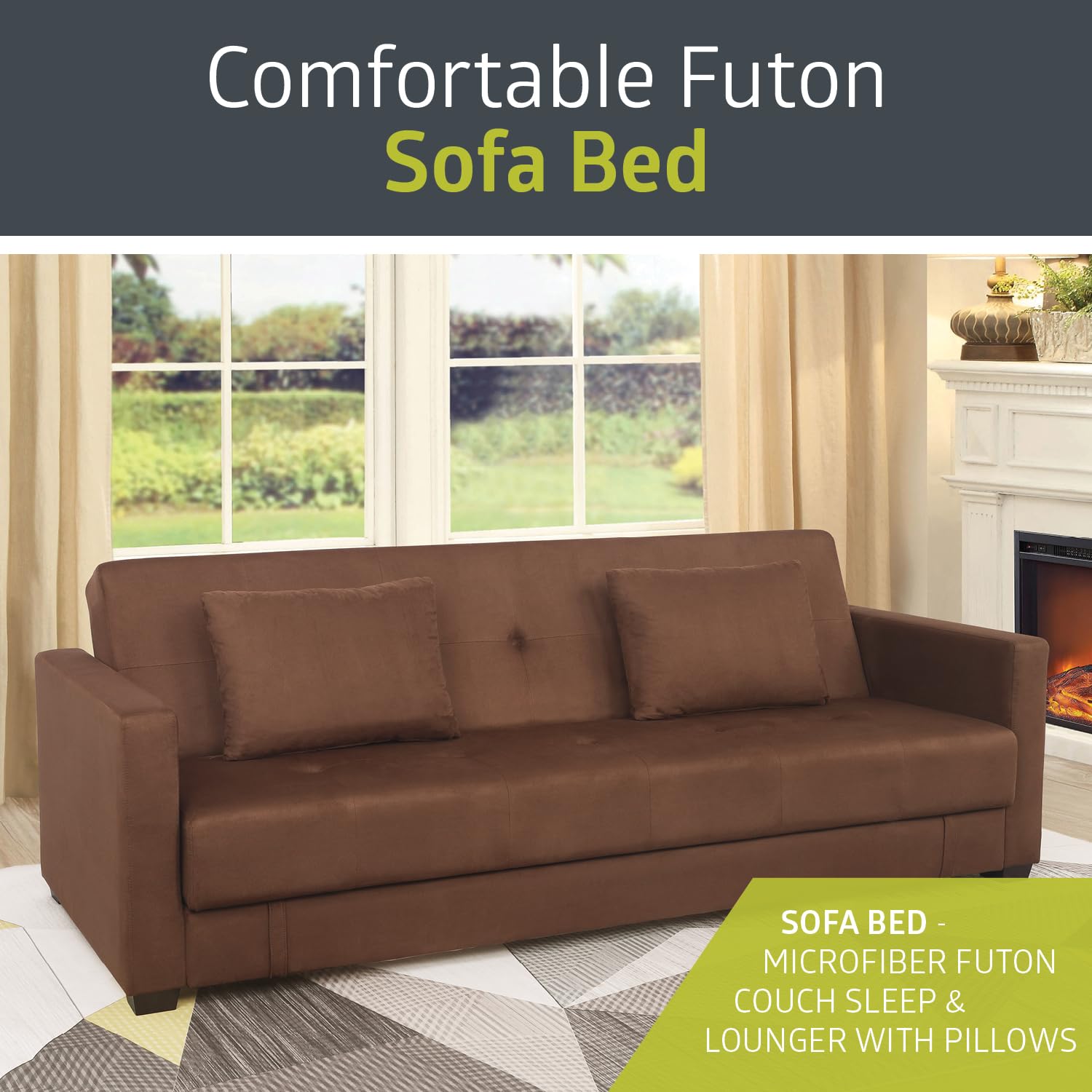 Pearington Mia Sofa Bed - Convertible Microfiber Futon Couch Sleeper with Under Seat Storage, Multi-Position Lounger for Bedroom, Living Room & Office - Mocha Brown | Perfect for Small Spaces, Guest Rooms & Studio Apartments