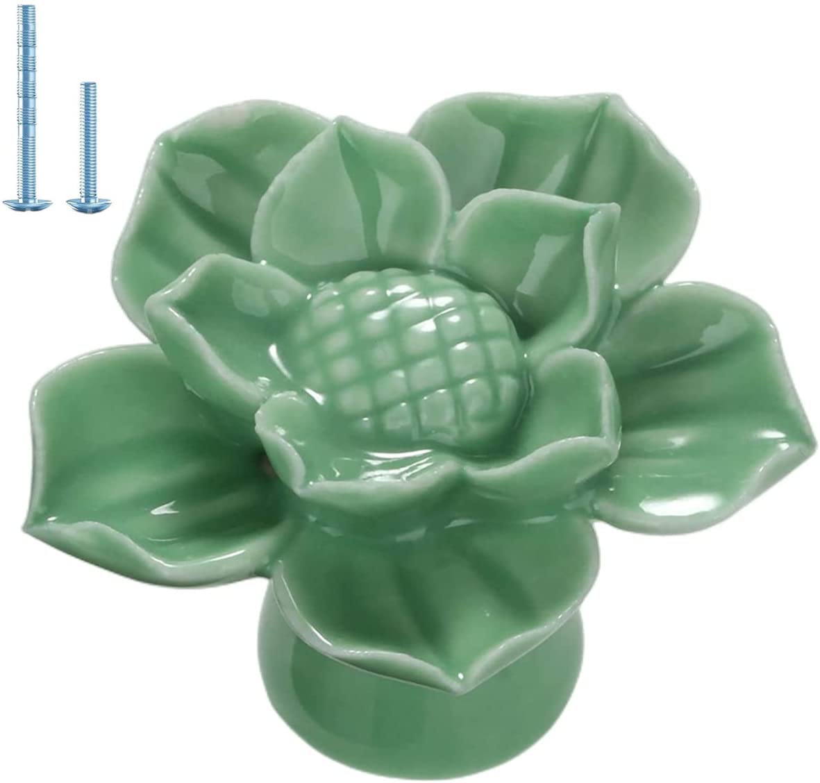 4-Pack Green Ceramic Lotus Flower Cabinet Knobs - Vintage Floral Drawer Pulls with Mounting Screws for Kitchen Cabinets, Dressers & Furniture DIY Projects