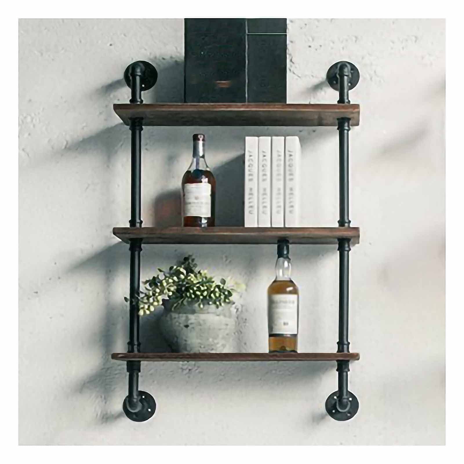 Industrial Pipe Floating Shelves - 3-Tier Rustic Wall Mount Shelf for Farmhouse Bathroom, Over Toilet Storage | Brown Wooden Pipe Shelving for Home Decor & Organization