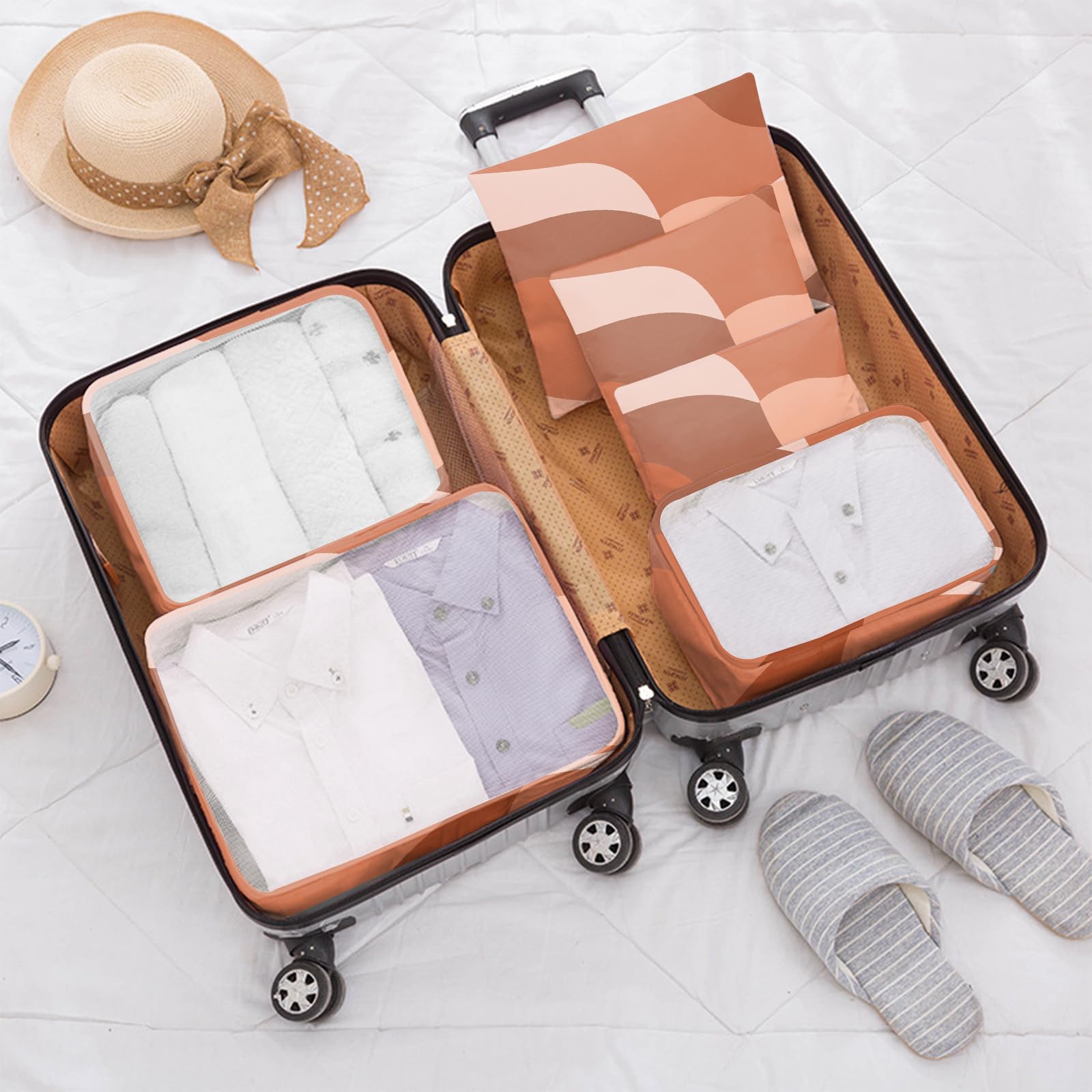 7-Piece Travel Packing Cubes Set - Luggage Organizers with Shoe Bag for Women | Aesthetic Wave & Leaf Design in Red/Brown | Perfect for Vacation, Business Trips & Weekend Getaways