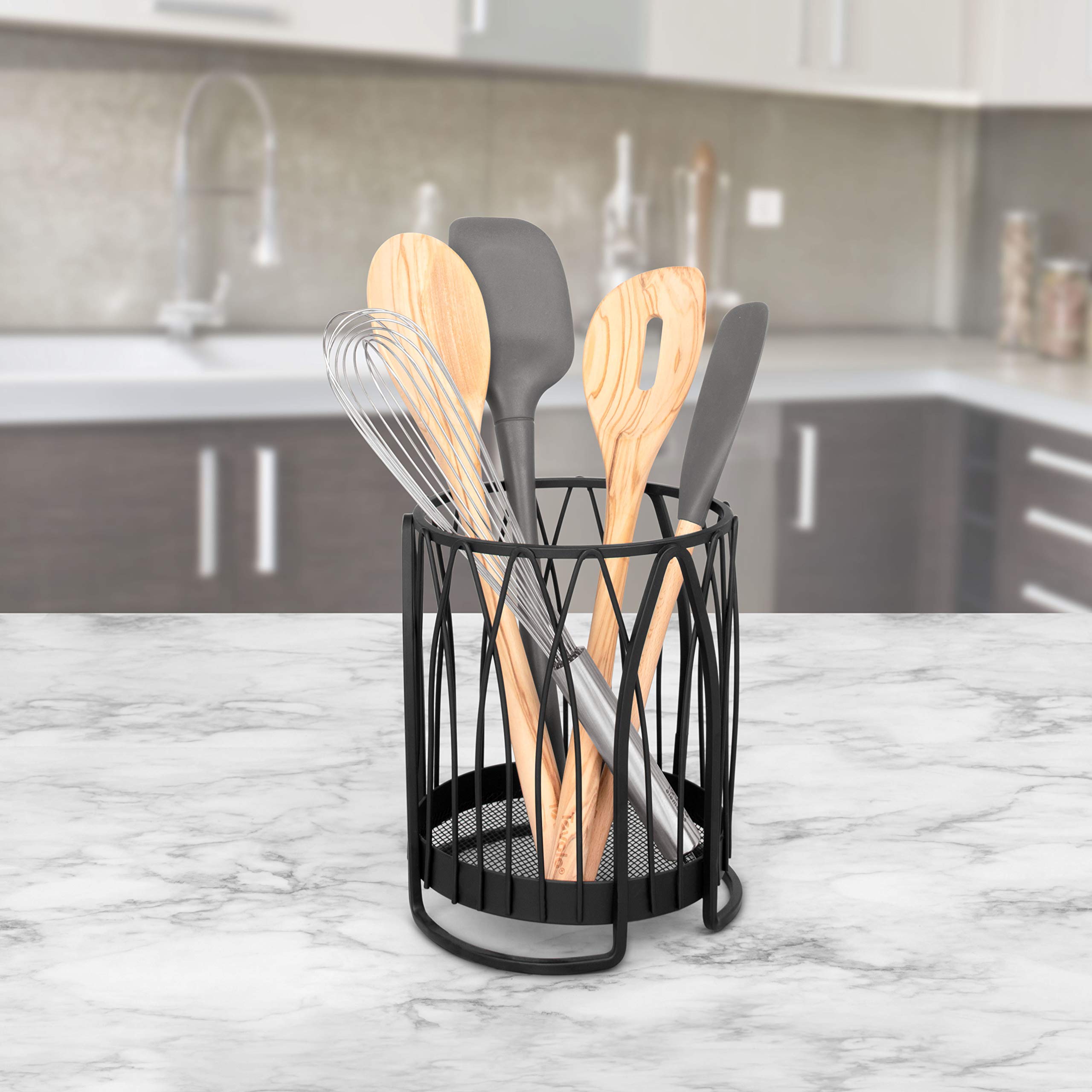 Spectrum Diversified Black Twist Round Utensil Holder - Stylish Kitchen Organizer for Spoons, Forks & Cooking Tools - Perfect for Countertop, Drawer or Pantry Storage