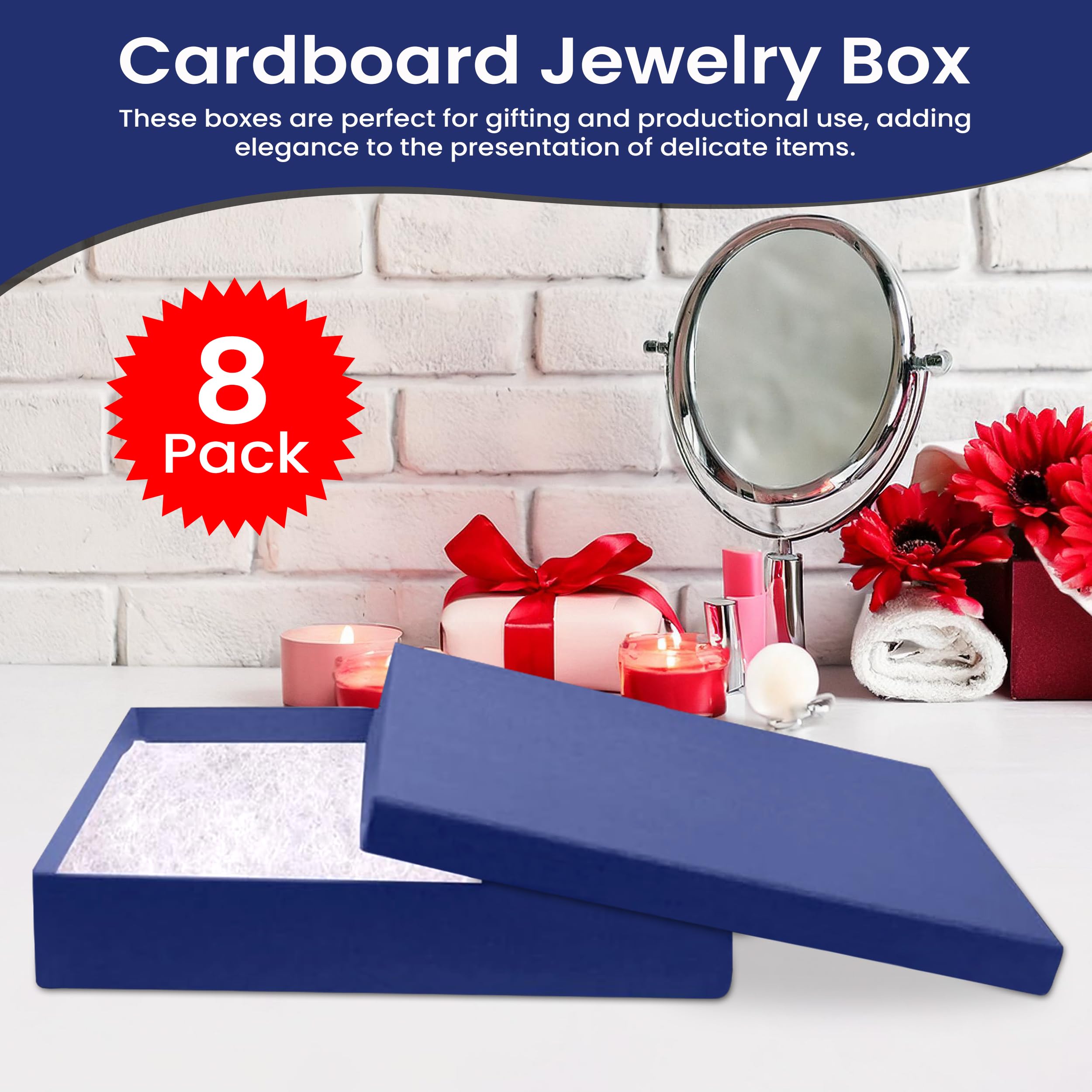 8 Pack Blue Jewelry Gift Box Set - 7x5x1.25in Cardboard Jewelry Storage Box with Cotton Filling & Lid | Made in USA | Perfect for Bracelets, Necklaces, Rings & Earrings | Great for Gifting, Retail Display & Personal Jewelry Organization