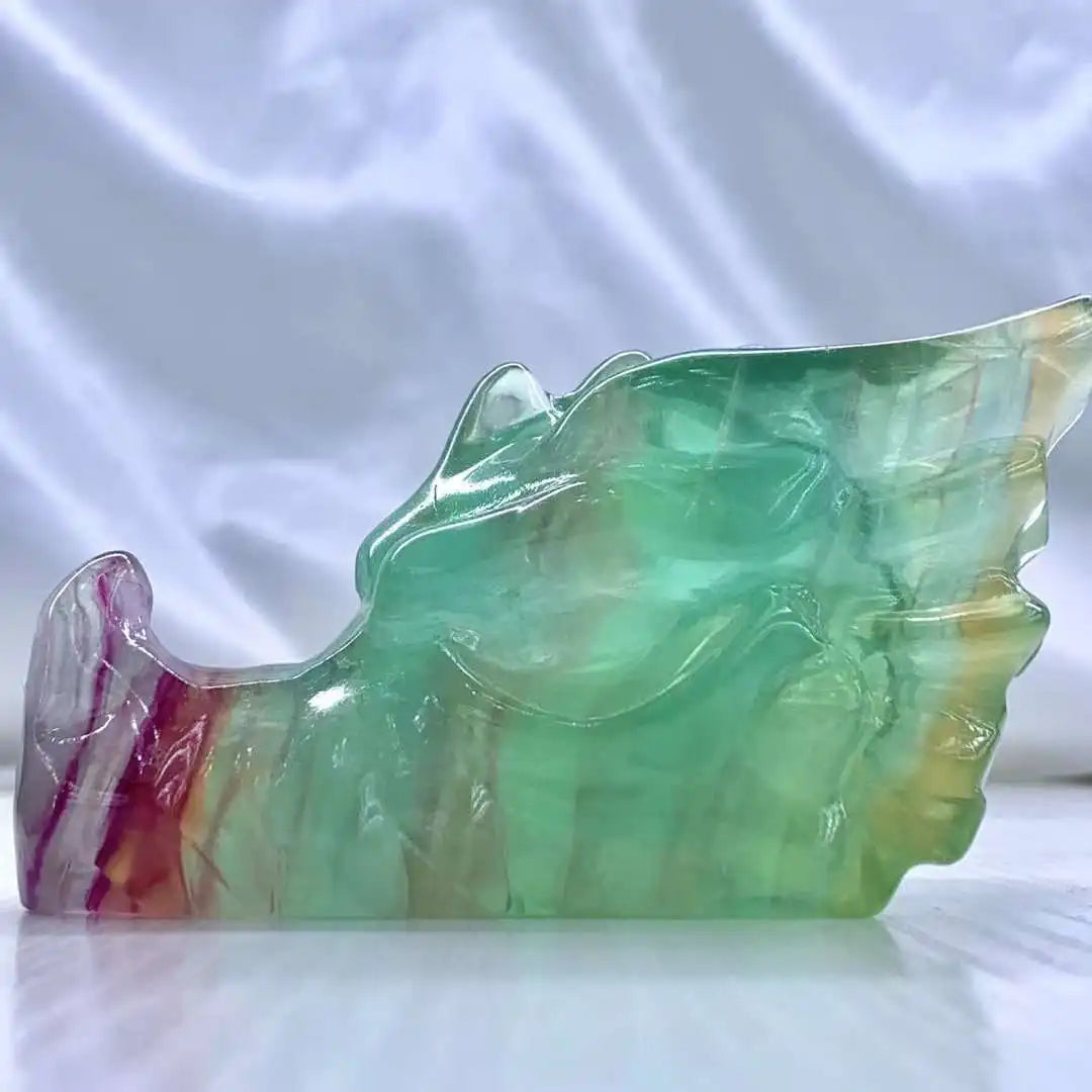 10cm Rainbow Macaron Fluorite Crystal Dragon Head Skull Carving - Natural Mineral Specimen for Home Decor, Meditation & Feng Shui Healing Stone