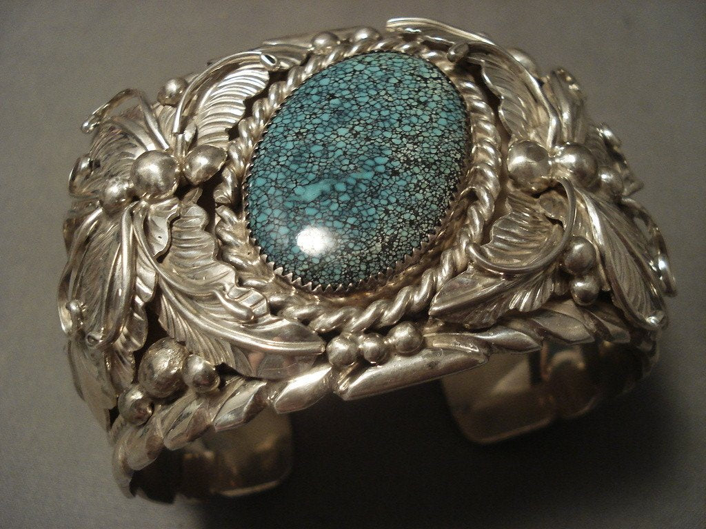 167g 'Forest of Leaves' Domed Spiderweb Turquoise Native American Silver Bracelet – Handmade Southwest Jewelry for Boho Fashion & Gift Giving