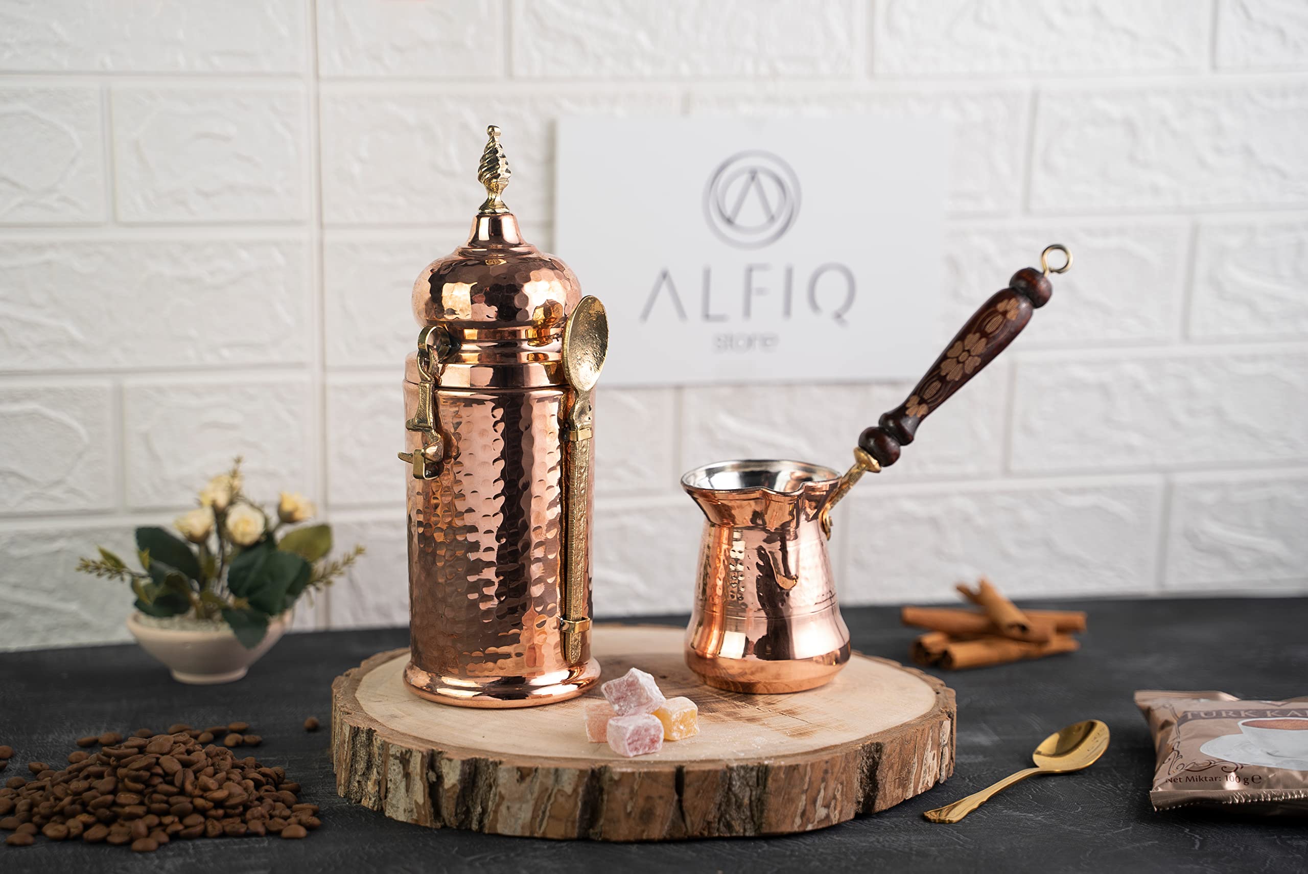 Handmade Solid Copper Coffee Pot and Airtight Canister Set of 2 - Premium Coffee Making Kit for Espresso, Turkish & Pour Over Brewing | Perfect for Home Baristas & Coffee Enthusiasts