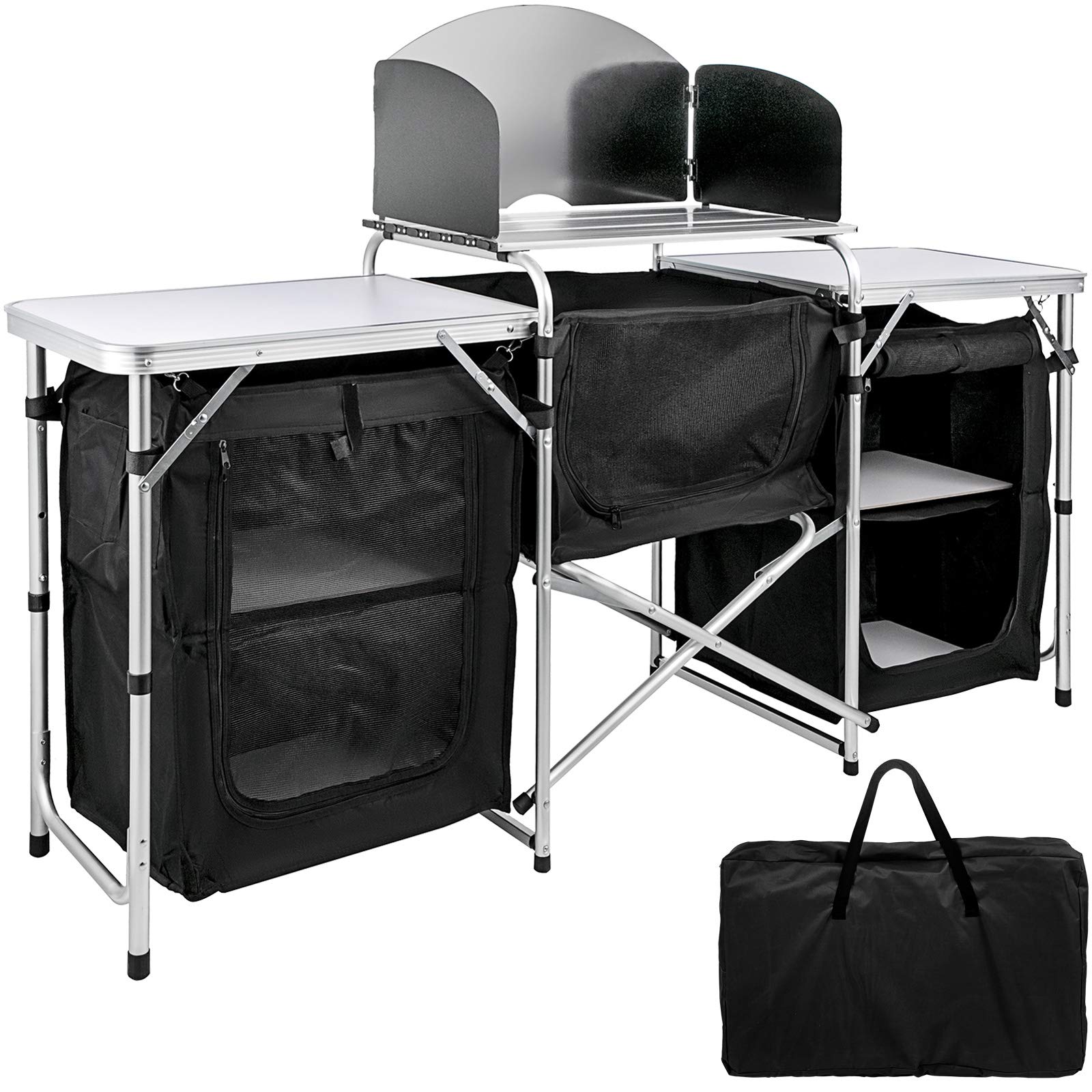 **Portable Aluminum Camping Kitchen Table with Windscreen & 3 Storage Organizers – Lightweight, Easy Setup, Folding Outdoor Cook Station for Camping, BBQ, Picnics & Backyard Parties – Perfect for Outdoor Cooking, Dining & Entertaining**