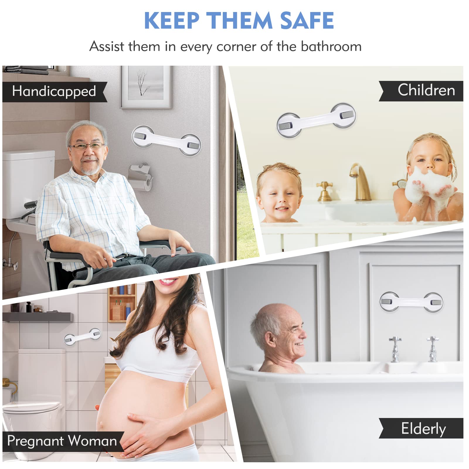 12 Inch Shower Grab Bars with Strong Suction - Bathroom Safety Handle for Seniors & Elderly (2 Pack) - Non-Slip Support for Shower Chairs, Stools & Wet Floors | Ideal for Elderly Care, Disabled Access & Fall Prevention