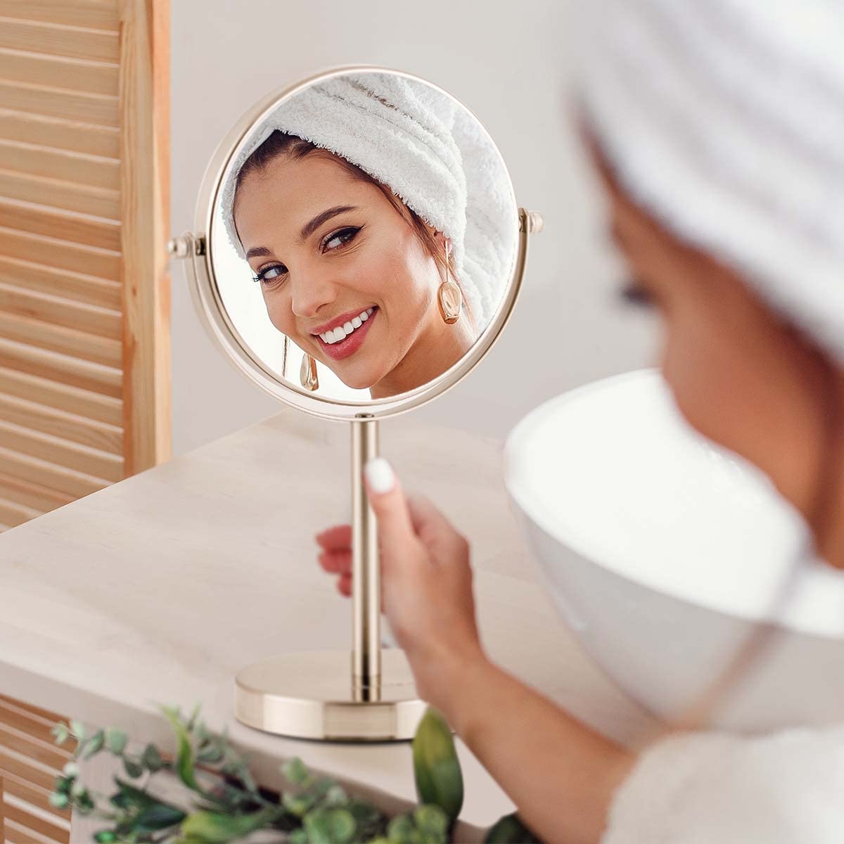 OVENTE 6-Inch Double-Sided Vanity Mirror with 1X/7X Magnification, 360° Swivel Stand - Brushed Nickel Makeup Mirror for Dresser, Bedroom & Office Desk | Perfect for Makeup Application, Skincare Routine & Grooming