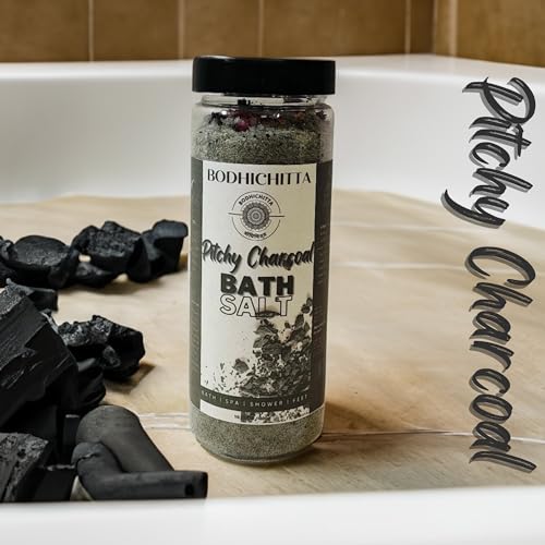 Bodhichitta Pitchy Charcoal Bath Salt for Body & Foot Spa - Relaxing & Calming Aromatherapy with Lavender Oil & Vitamin E | Natural Muscle Pain Relief | Pure Sea Salt Formula (300g) | Perfect for Home Spa, Stress Relief & Post-Workout Recovery