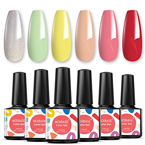 MOIBASE Soak Off UV LED Gel Nail Polish Set - 6 Colors (Red, Coral, Nude, Green, Glitter) for Professional Salon & Home Manicure | Long Lasting Nail Art Gel Polish Kit for Parties, Weddings & Special Occasions