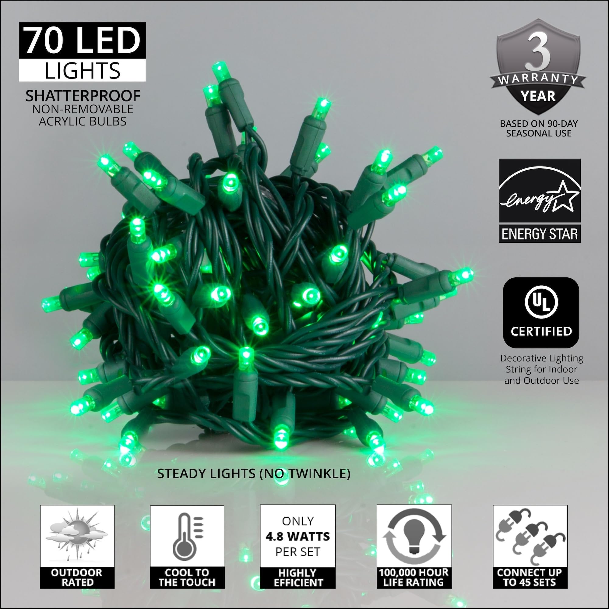 70 5mm Green LED String Lights - 24ft Wintergreen Christmas Lights, Halloween Decorations, St. Patrick's Day Lights for Indoor & Outdoor Use - Perfect for Holiday Parties, Garden Decor, and Festive Events