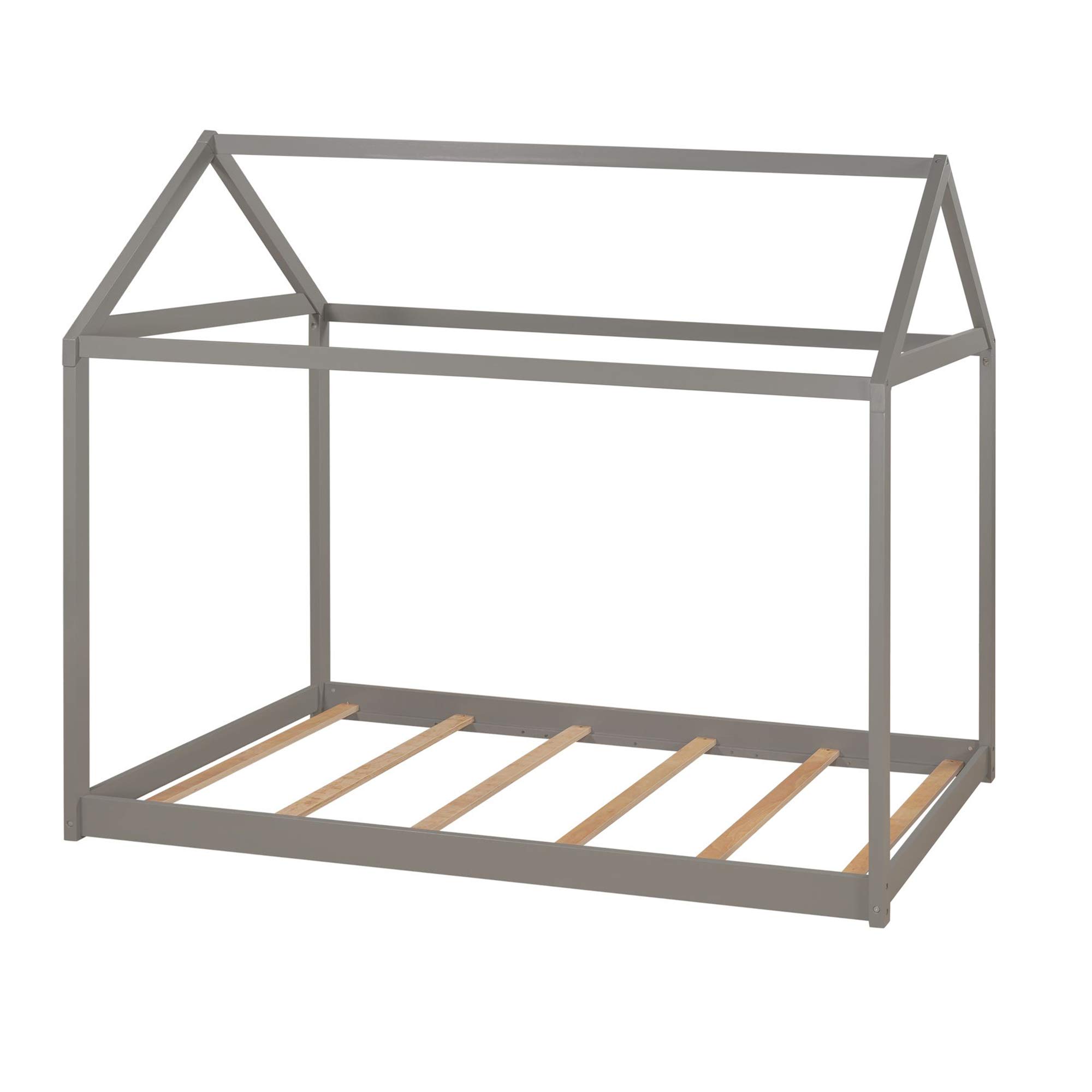 **Sturdy Twin House Bed with Roof & Slat Support - Low Platform Daybed for Toddlers & Teens - Gray Kids Bedroom Furniture - Perfect for Nursery, Playroom & Cozy Bedroom Decor**