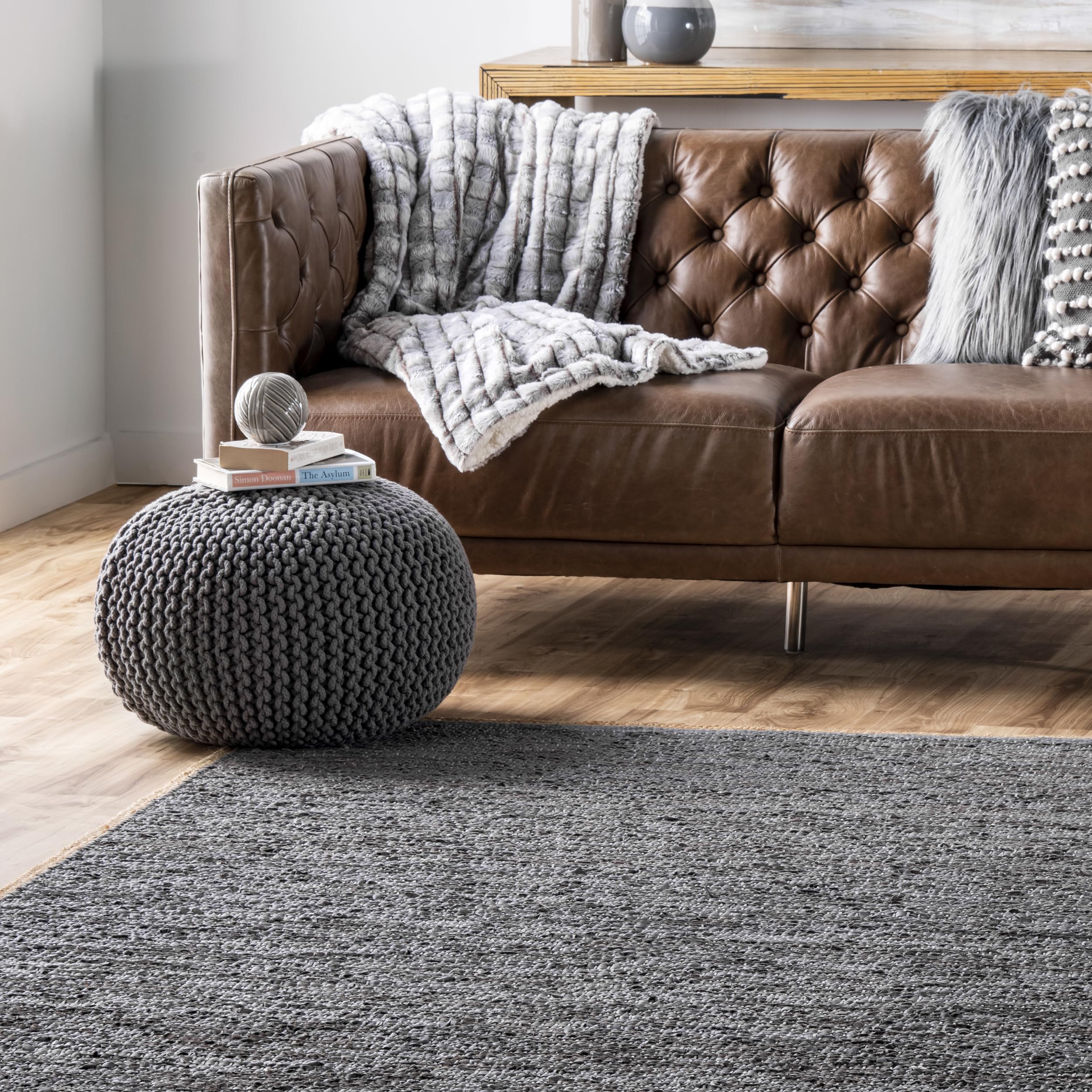 nuLOOM Sabby Hand Woven Leather Flatweave Area Rug 6x9 Feet - Soft Grey Bohemian Style Rug for Living Room, Bedroom & Home Decor