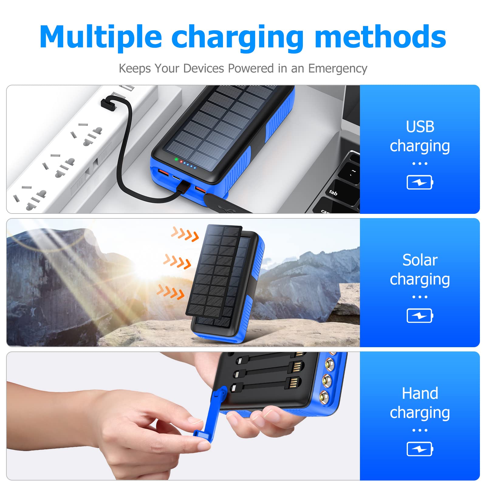 63200mAh Solar Power Bank with Dual USB Outputs & Inputs | Portable Solar Charger with 4 LED Flashlight & Hand Crank | Fast Charging Battery Pack for Camping, Hiking, Emergency Power Backup & Outdoor Survival Gear