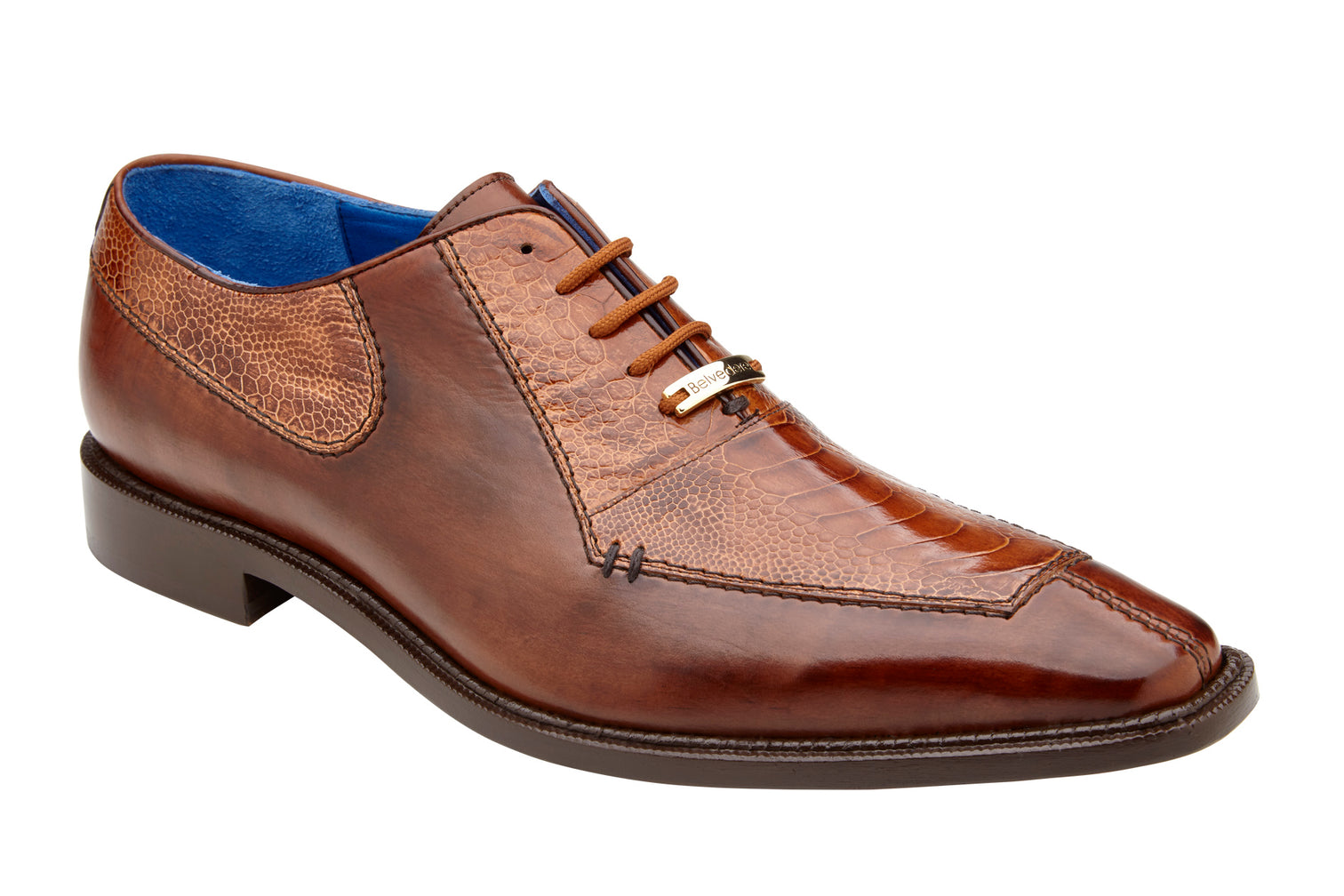 Belvedere Biagio Genuine Ostrich Leather & Italian Calfskin Dress Shoes - Antique Peanut Brown Size B13 | Premium Men's Formal Footwear for Business & Special Occasions