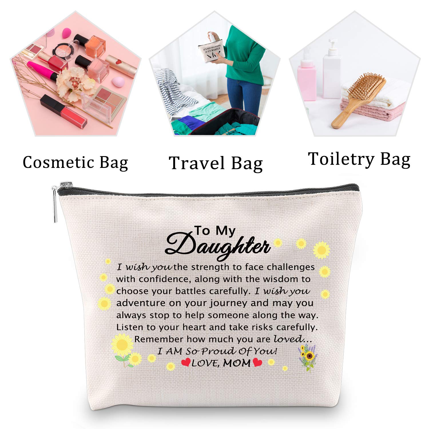 MBMSO Canvas Makeup Bag - Best Gift for Daughter from Mom, Graduation & Birthday Present, Cosmetic Pouch for Travel & Daily Use | Perfect for Teens, College Students & Women | 'To My Daughter' Keepsake