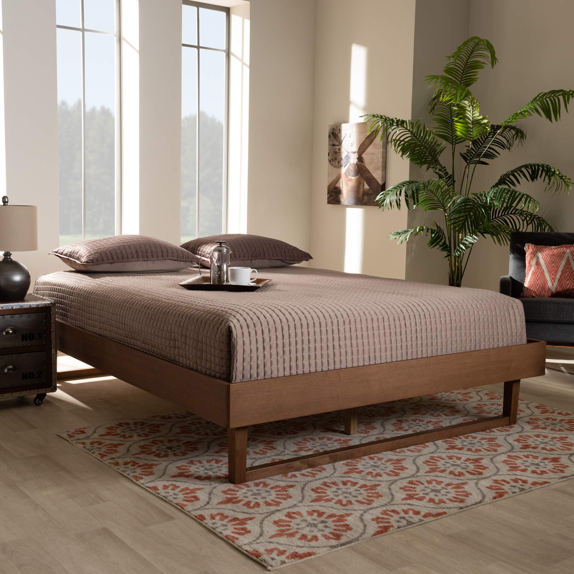 Baxton Studio King Size Bed Frame - Solid Wood Platform Bed with Upholstered Headboard, Dark Brown Finish for Modern Bedroom Decor | Perfect for Master Bedrooms, Guest Rooms & Apartments