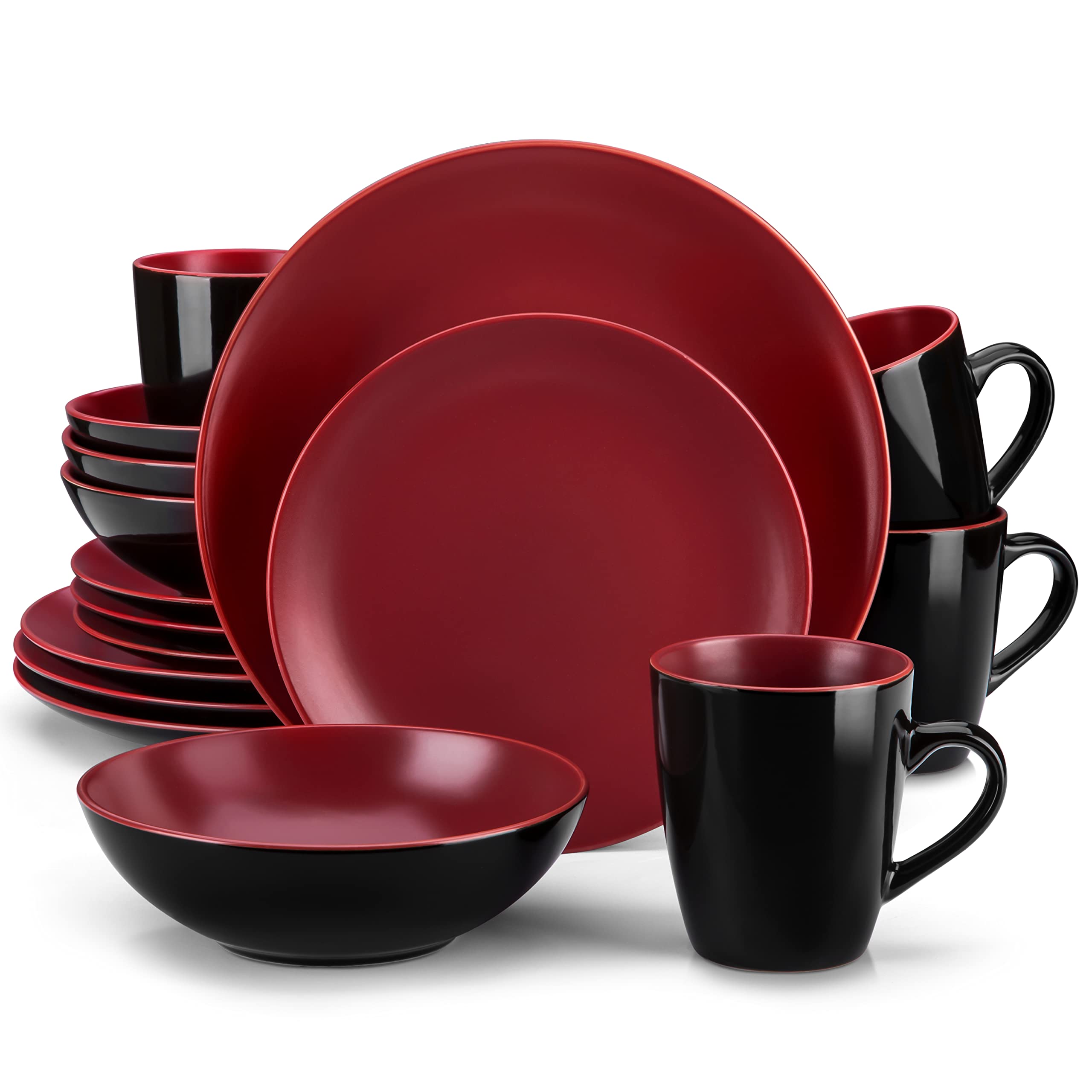 Vancasso Bacche 16-Piece Matte Stoneware Dinnerware Set - 4 Dinner Plates, 4 Dessert Plates, 4 Bowls & 4 Mugs in Berry Red | Durable Stoneware for Everyday Dining, Entertaining & Restaurant Use