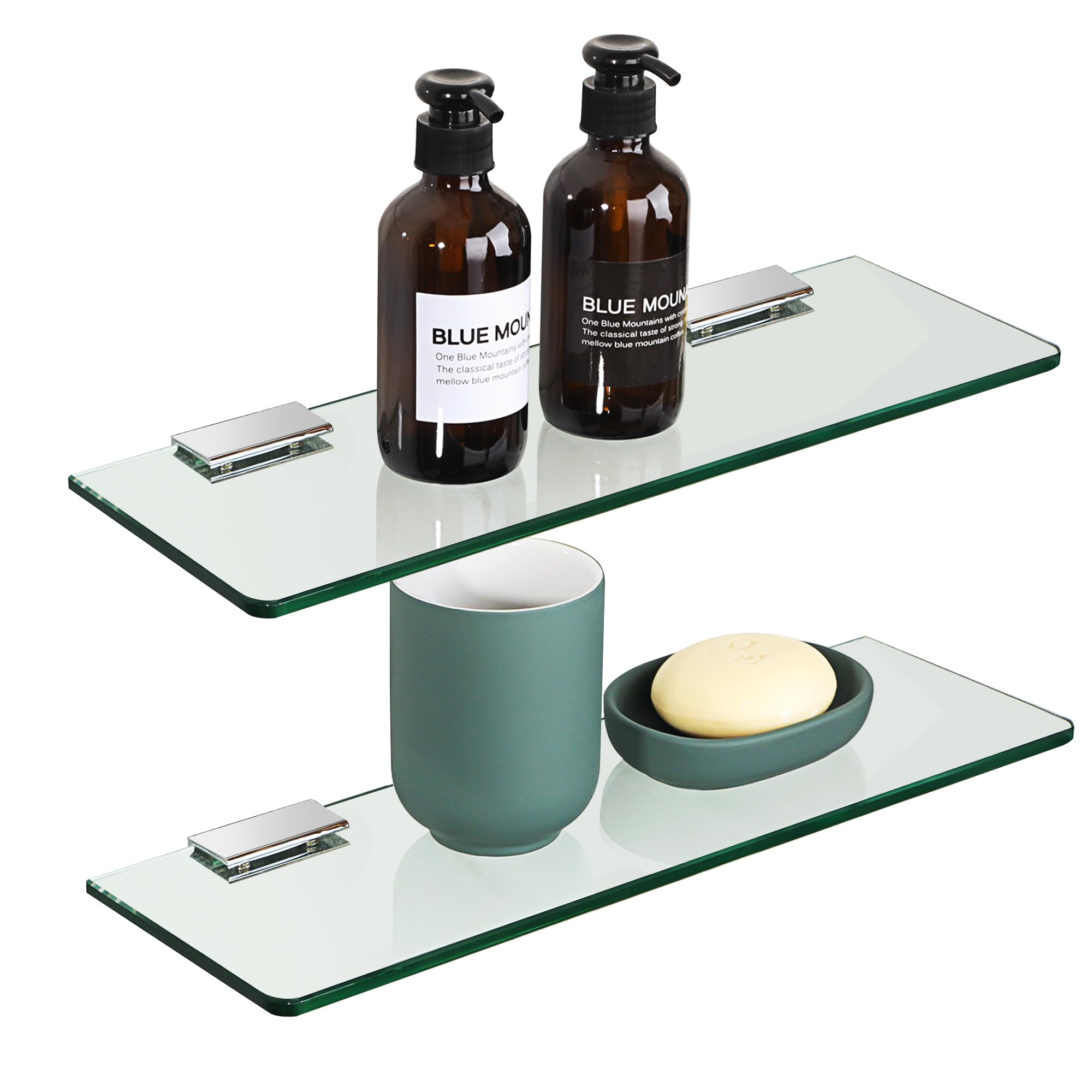SAYAYO Floating Glass Shelves for Bathroom - 2 Pack 15x5 Inch Thick Tempered Glass Wall Shelves (7mm/2 Inch) - Clear Bathroom Storage for Shower, Vanity & Home Decor