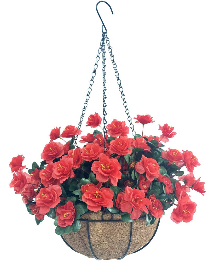 Lopkey 10 Inch Artificial Red Azalea Hanging Basket with Chain - Outdoor Fake Flowers for Patio, Lawn & Garden Decor - Perfect for Porch, Balcony and Backyard Landscaping