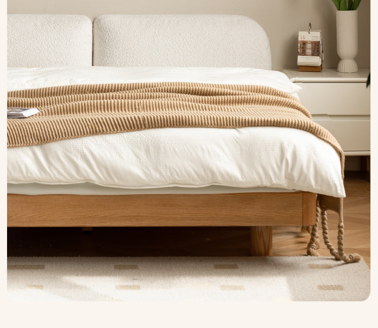 Premium Oak Solid Wood Lamb Fleece Soft Suspension Cream Bed - Cozy & Supportive Sleeping Solution for Modern Bedrooms, Guest Rooms & Nursery Decor