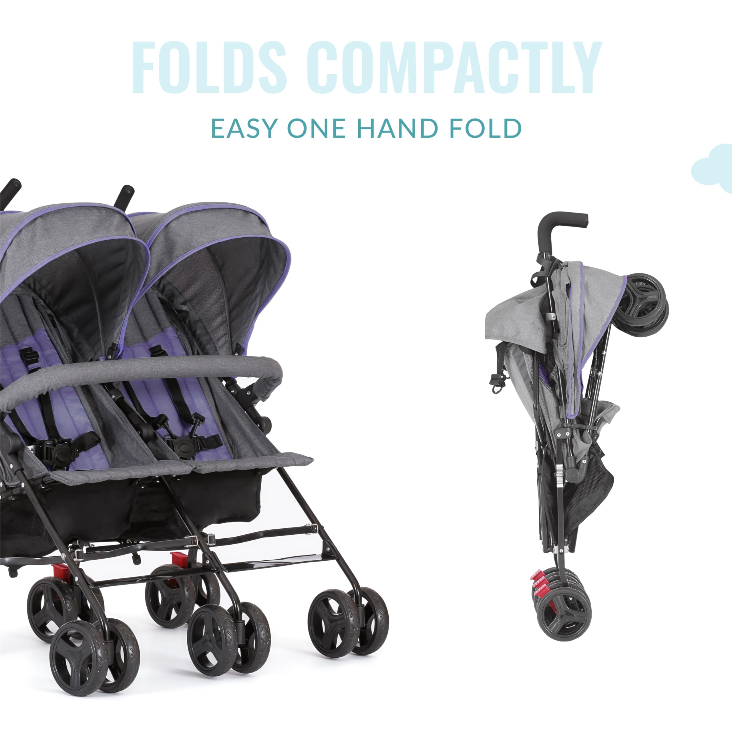 Dream On Me Volgo Twin Umbrella Stroller - Lightweight Double Stroller for Infant & Toddler (0-50 lbs), Compact Fold, Large Storage Basket & Adjustable Canopy - Perfect for Travel, Shopping & Outdoor Walks